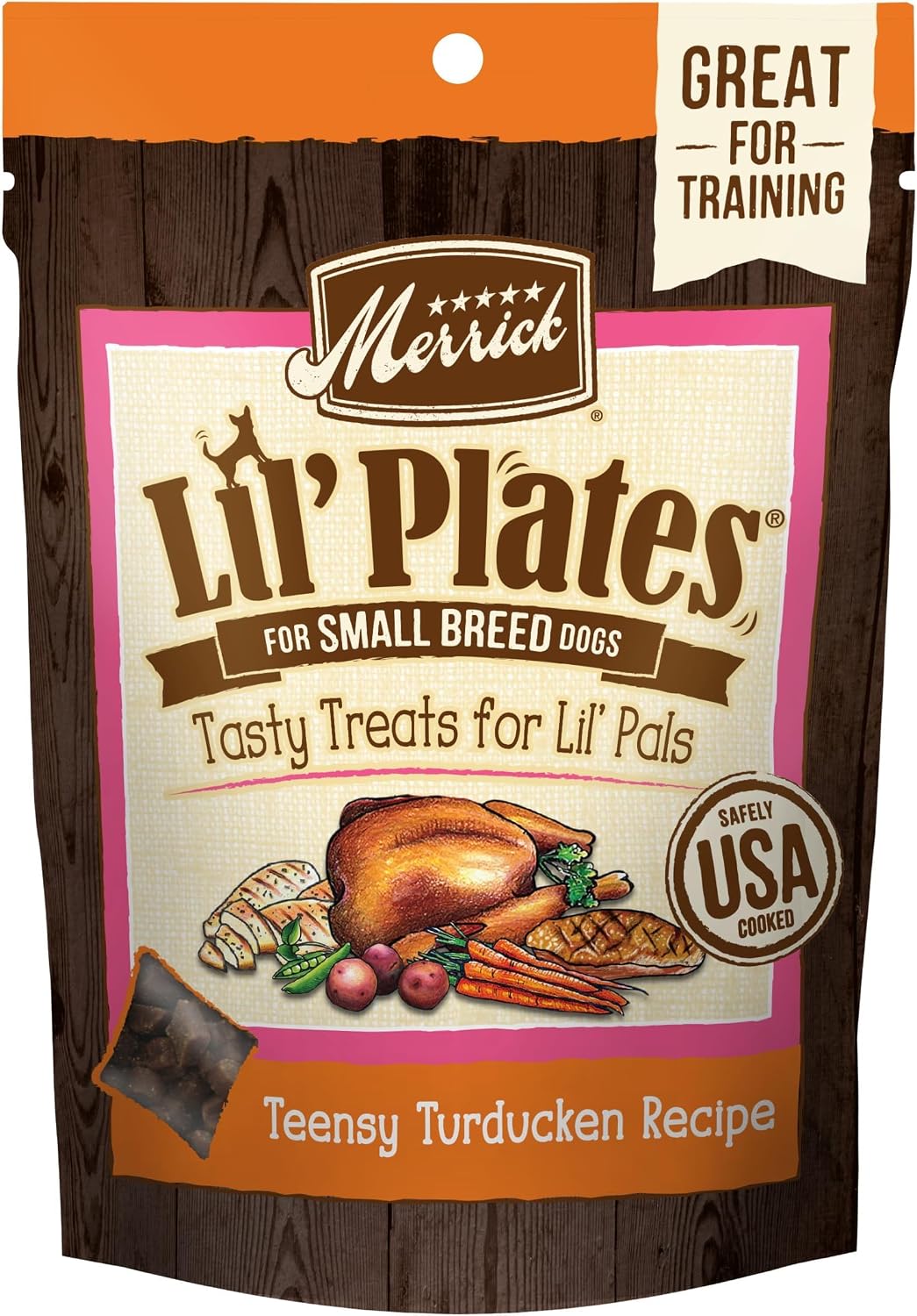 Merrick Lil’ Plates Grain Free Small Dog Treats, Natural Training Treats For Small Dogs, Teensy Turducken - 5 oz. Pouch