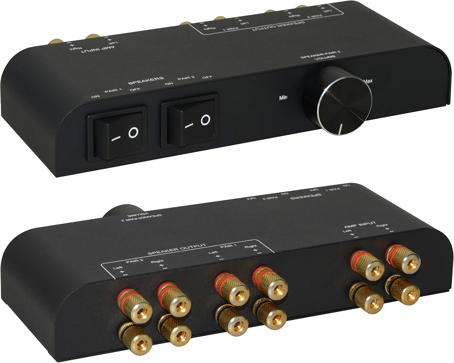2 Way Speaker Switch, 1 in 2 Out Way Pair Stereo Speaker Selector W/Volume Control Metal Non-Slip Box - Black (61052), 9.0 x 3.25 x 1.5