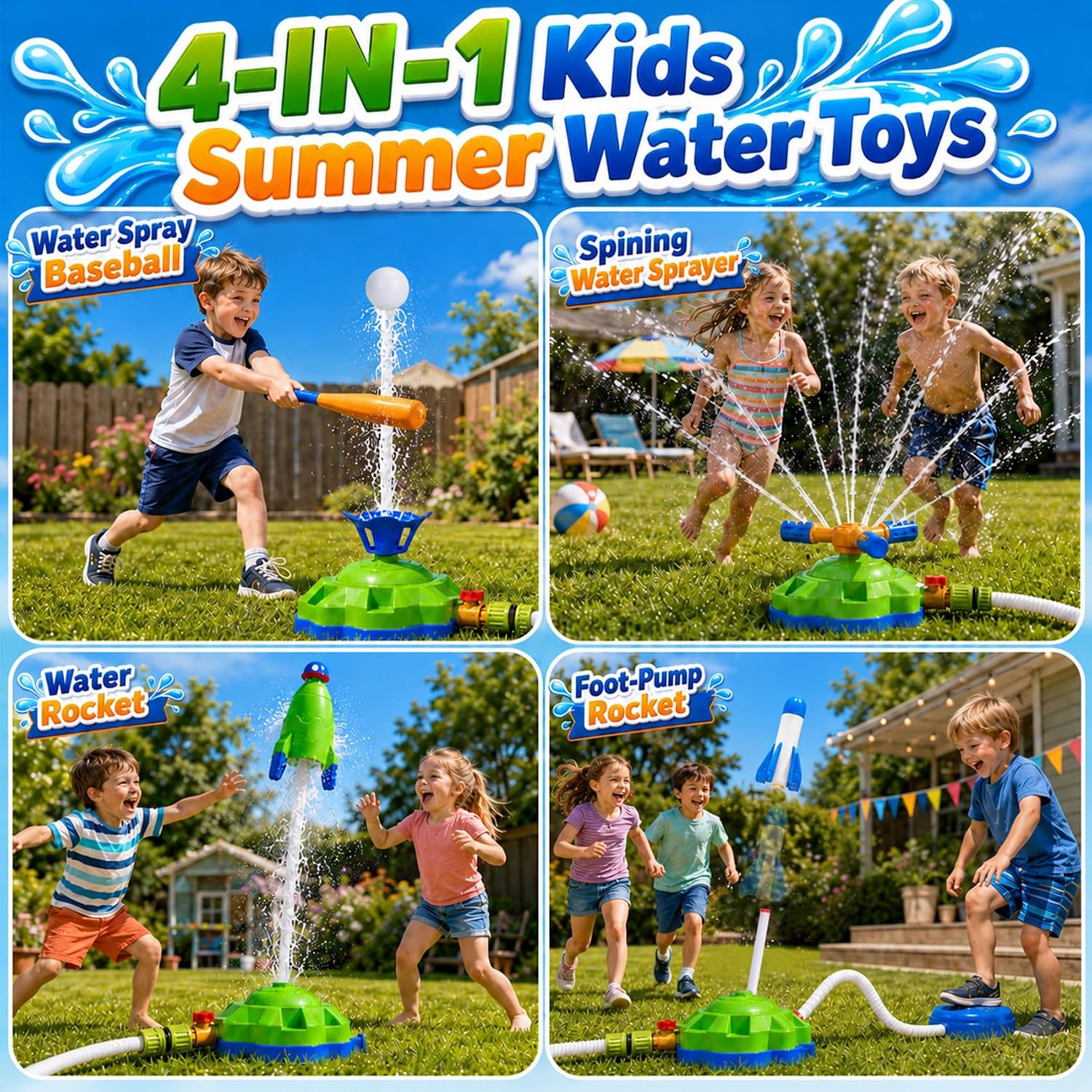 4-in-1 Kids Water Sprinkler Toys for Outdoor Play – Foot Pump Rocket, Water Spray Rocket