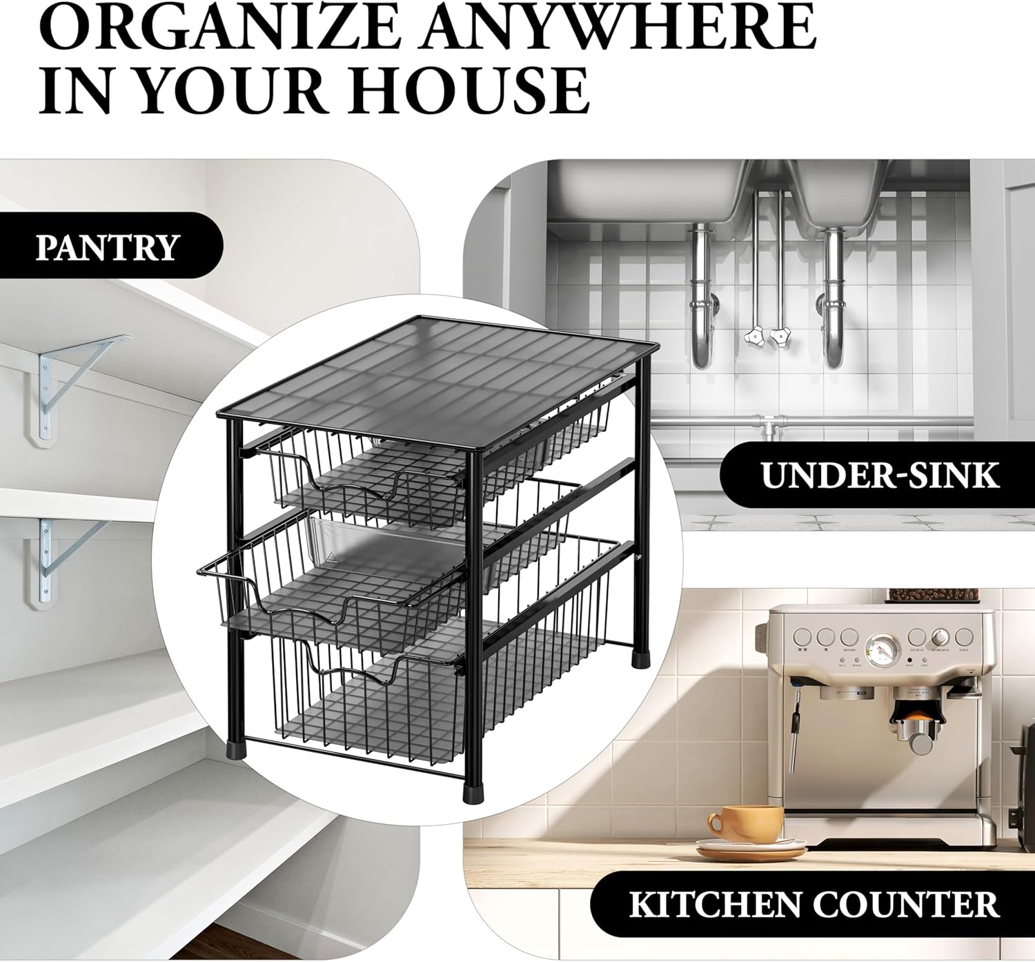 Simple Houseware Stackable 3 Tier Sliding Basket Organizer Drawer, Chrome