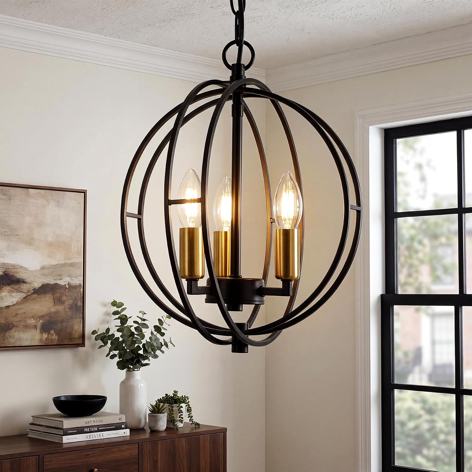 3-Light Farmhouse Chandelier, Black Industrial Metal Globe Pendant Light | Adjustable Hanging Height, for Kitchen Island, Dining Room, Foyer, Entryway
