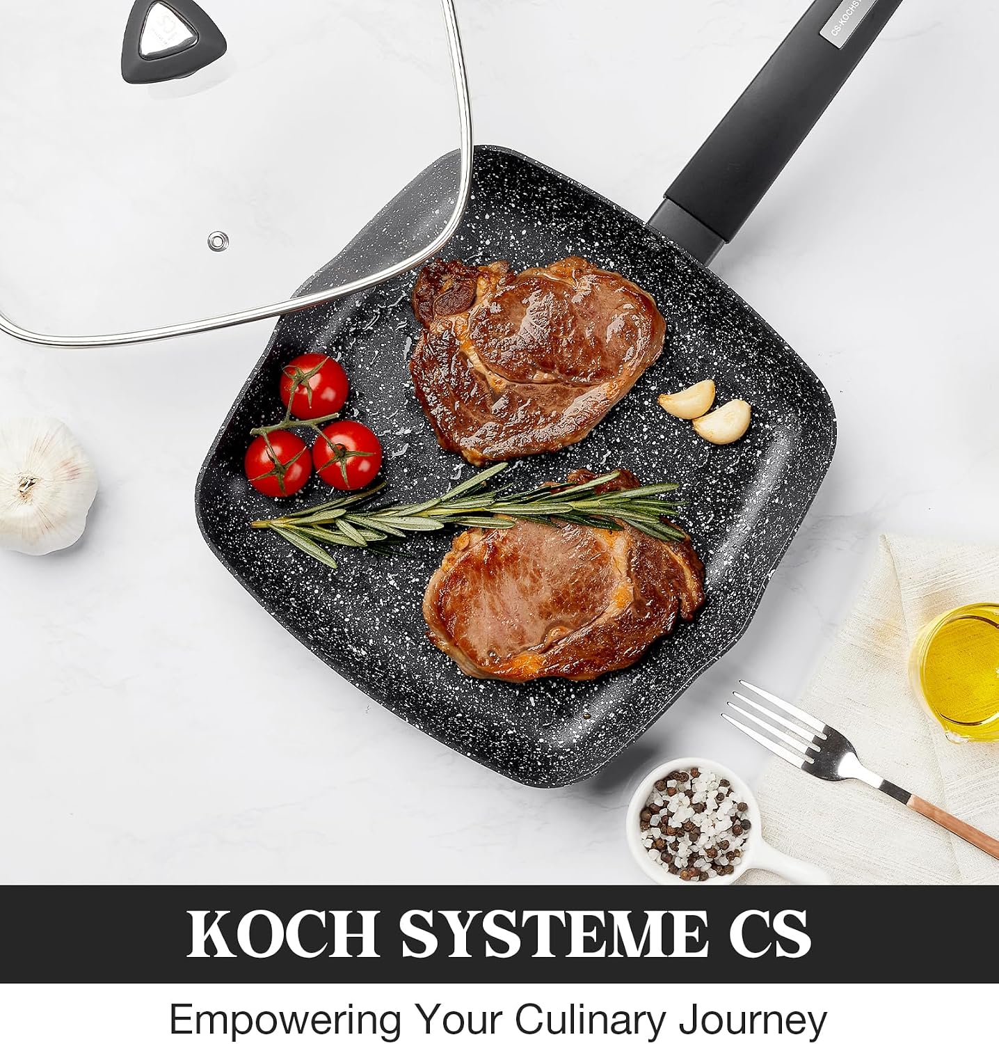 KOCH SYSTEME CS 9.5 Inch Nonstick Grill Pan for Stove Tops, Marble Coating Square Grill Skillet with Lid, Fry Pan Compatible with all Stoves