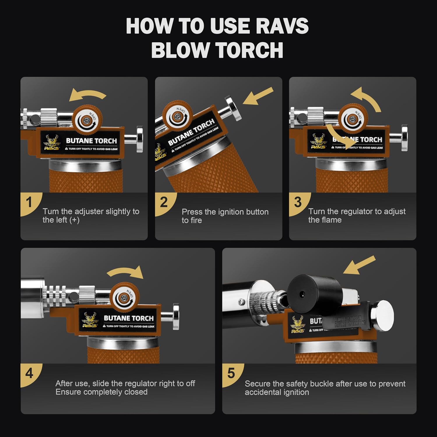 RAVS Butane Torch Lighter, Premium Metal Kitchen Torch with Adjustable Flame & Safety Buckle, Refillable Creme Brulee Torch for Baking, BBQ, DIY