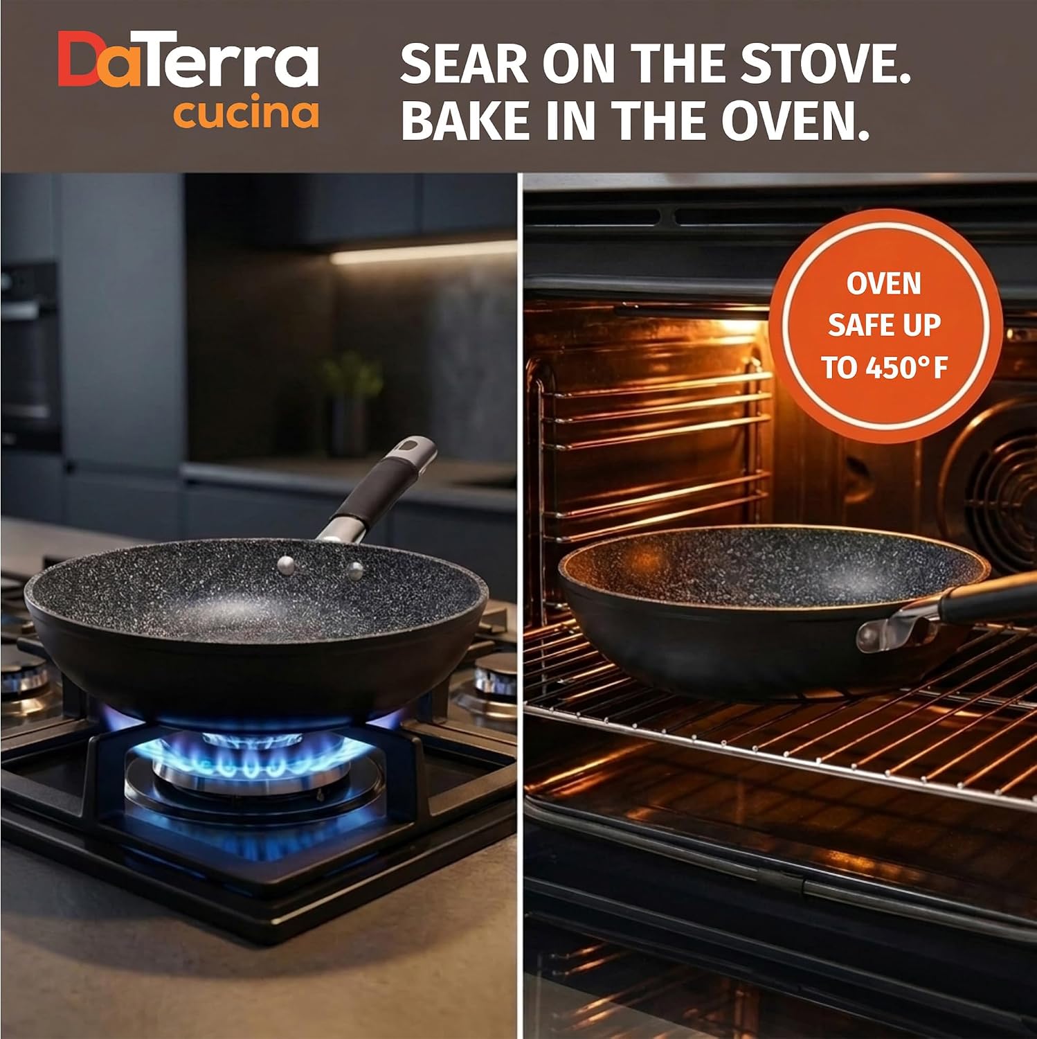 DaTerra Cucina - Ceramic Frying Pan, Induction & Oven, Made In Italy, 9.5" | Made in Italy, Induction Compatible, Oven-Safe up to 450°F, PFAS-free, Ergonomic Handle, Easy Cleanup, Even Heating