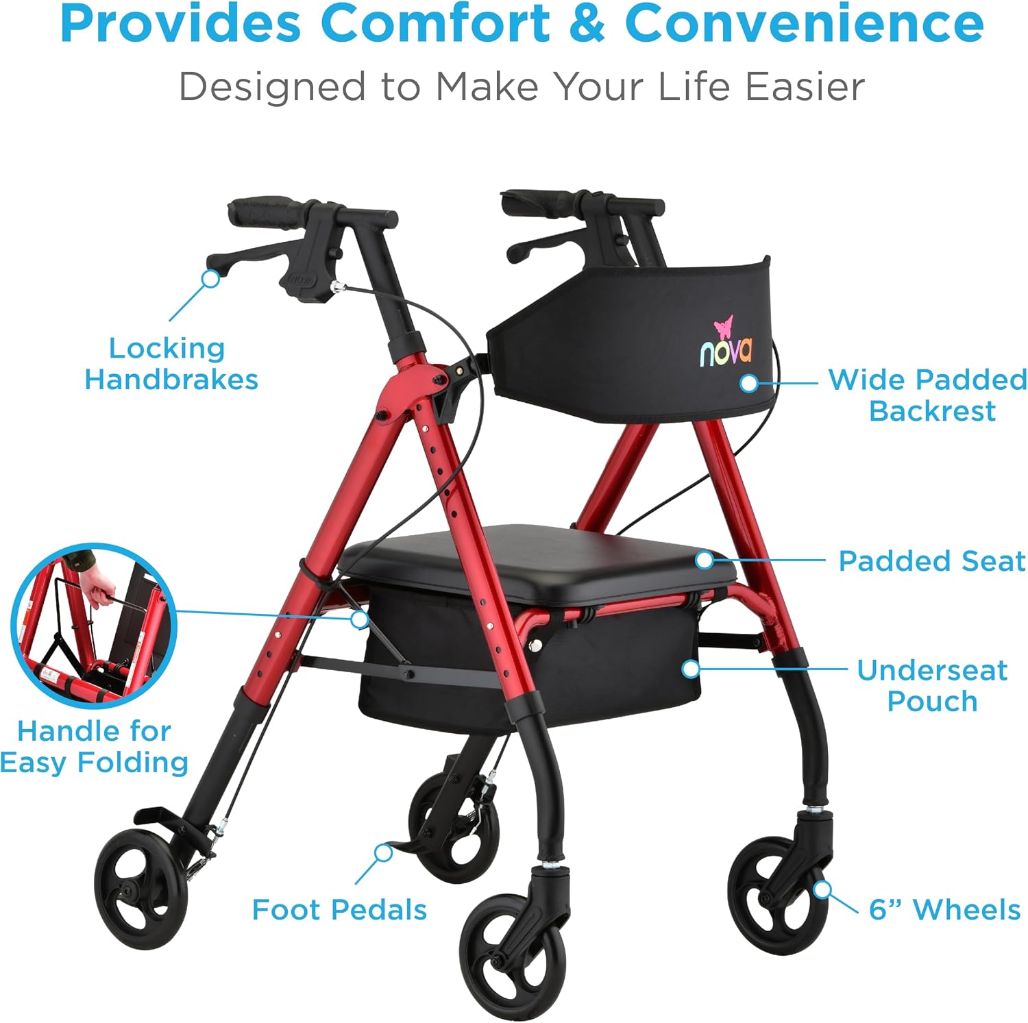 NOVA Star 6 Foldable Rollator Walker for Seniors, Wide Padded Backrest with Seat, 6” All-Terrain Wheels, Easy-Grip Locking Hand Brakes, Height Adjustable, Blue
