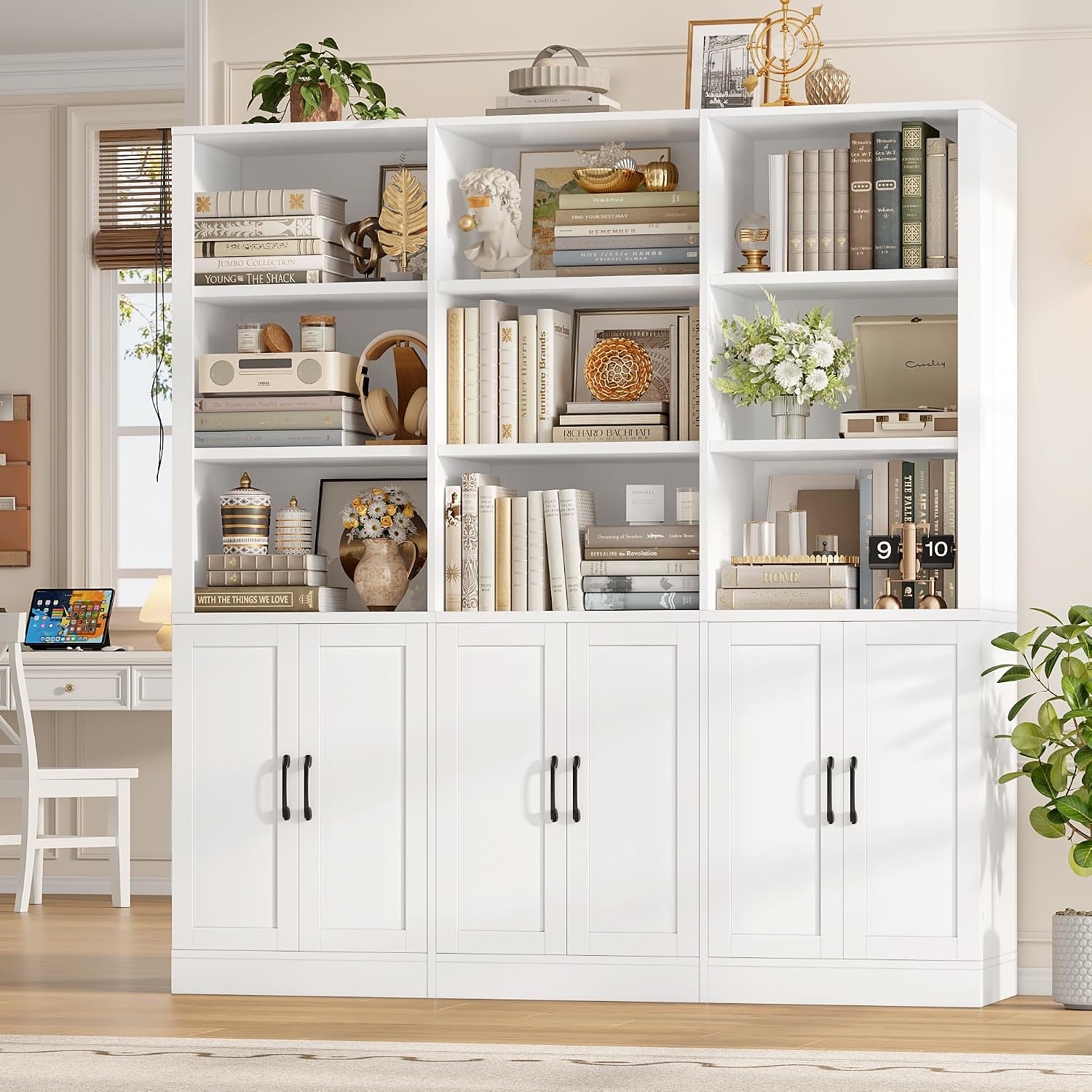 70” H x 63” W Triple Wide Bookshelf, Tall Bookcase with 6 Doors | 5 Tier Book Shelf with 15 Storage Shelves, Tall Book Case Large Bookshelves with Storage Cabinet for Home Office, White