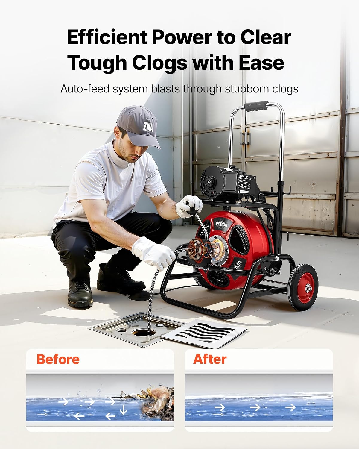 VEVOR Drain Cleaner Machine 100 FT x 3/4 Inch, Auto Feed Sewer Snake Auger, Portable Drain Cleaning Machine with Multi-Wheel Combination, 6 Cutters & Air-Activated Foot Switch for 4" to 8" Pipes