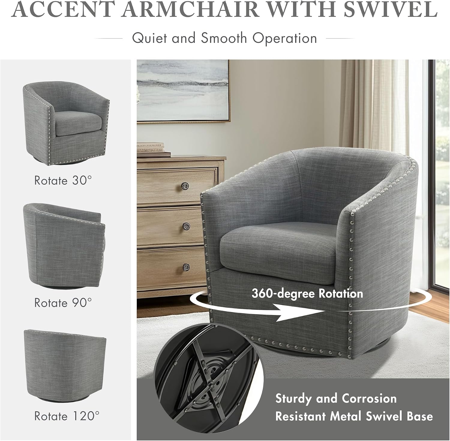 Madison Park Swivel Barrel Accent Chair, Upholstered Curved Back with 7-Inch Thick Woven Cushion, 360° Swivel, Nailhead Trim, Comfy Chair for Living Room, Bedroom, Office, 28" Wide, Neutral, Tyler