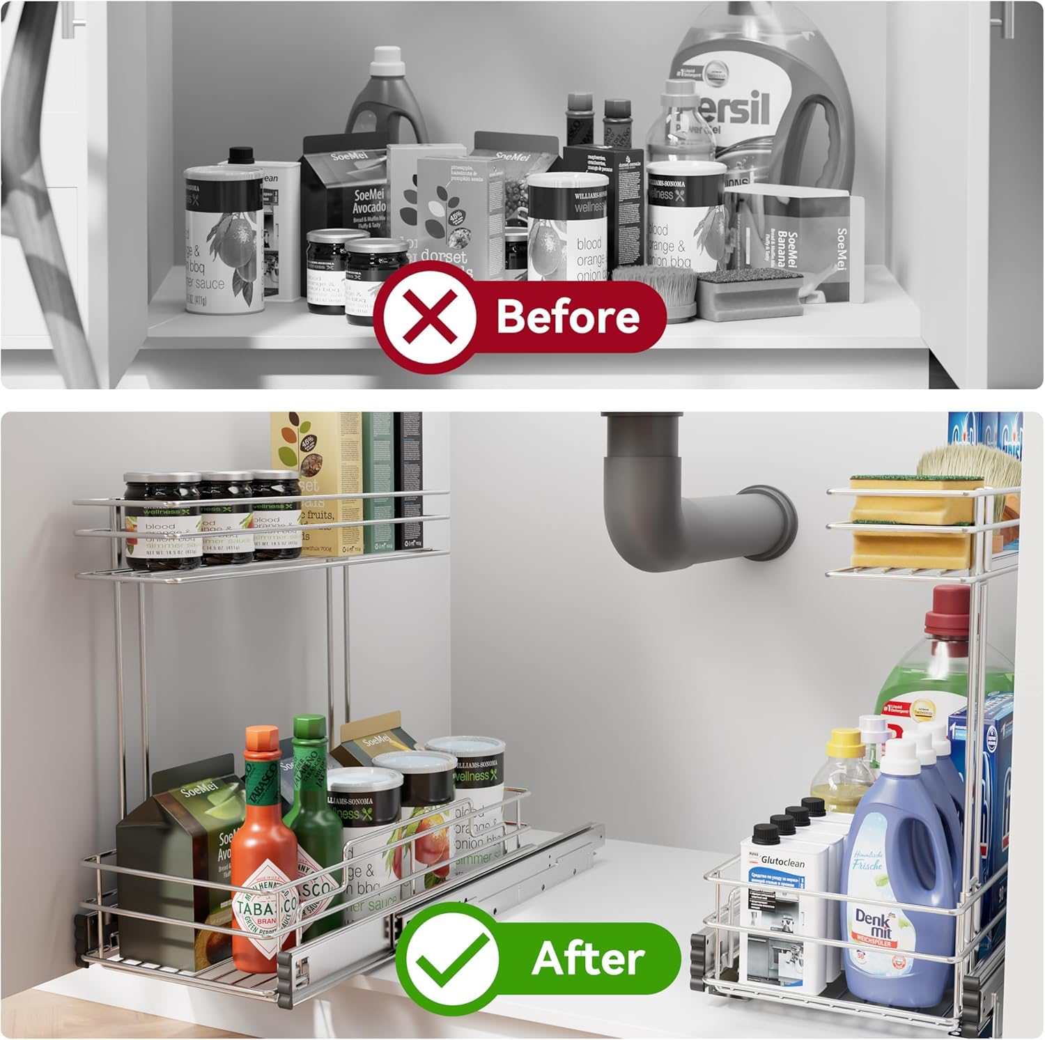 Under Sink Organizer 9" W X19 D, Pull Out Cabinet Organizer 2 Tier