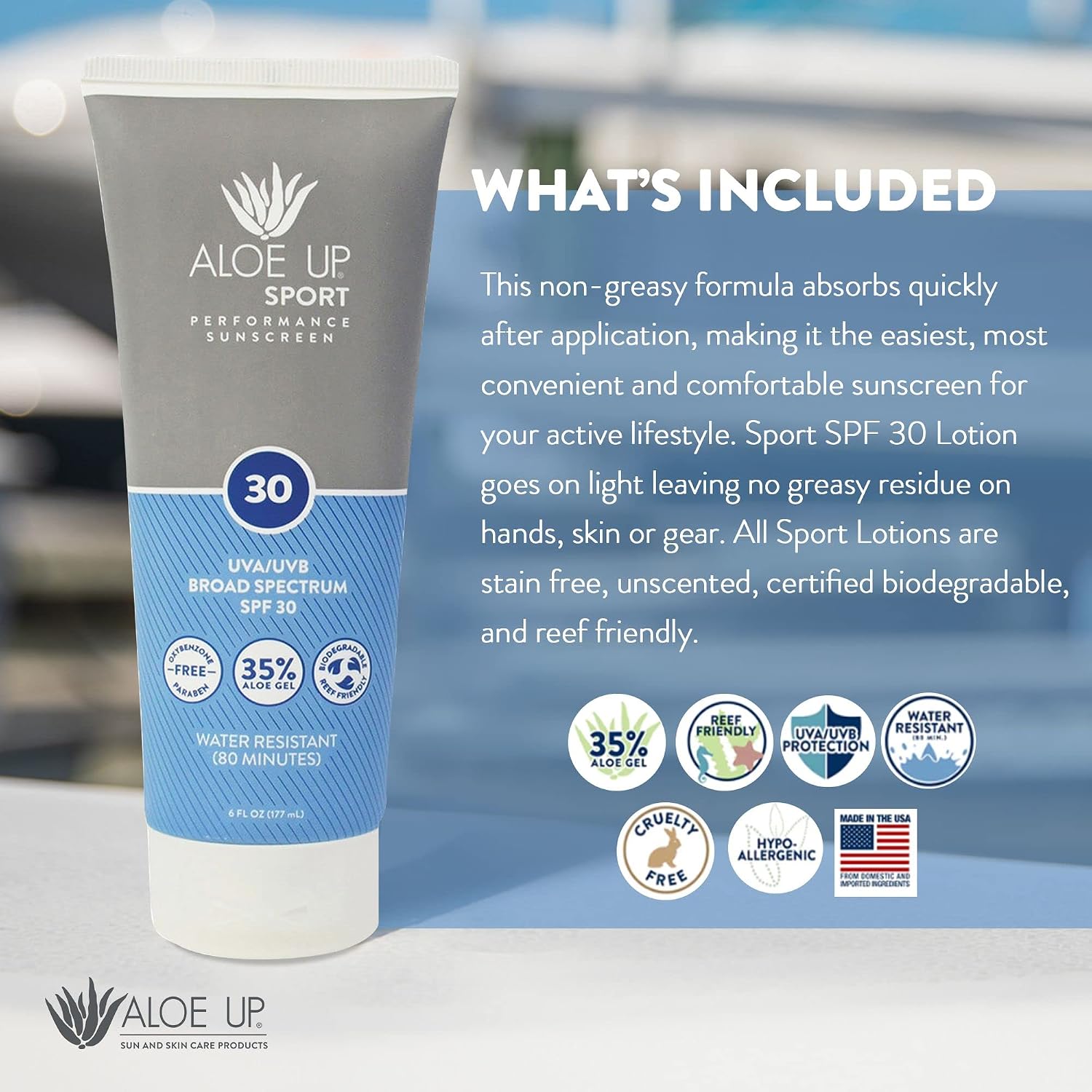 Aloe Up Sport Sunscreen Spray SPF 30, Water Resistant, Non-greasy, 6 oz | Broad-spectrum SPF 30; Water resistant up to 80 min; Non-greasy, With aloe vera gel, fragrance-free