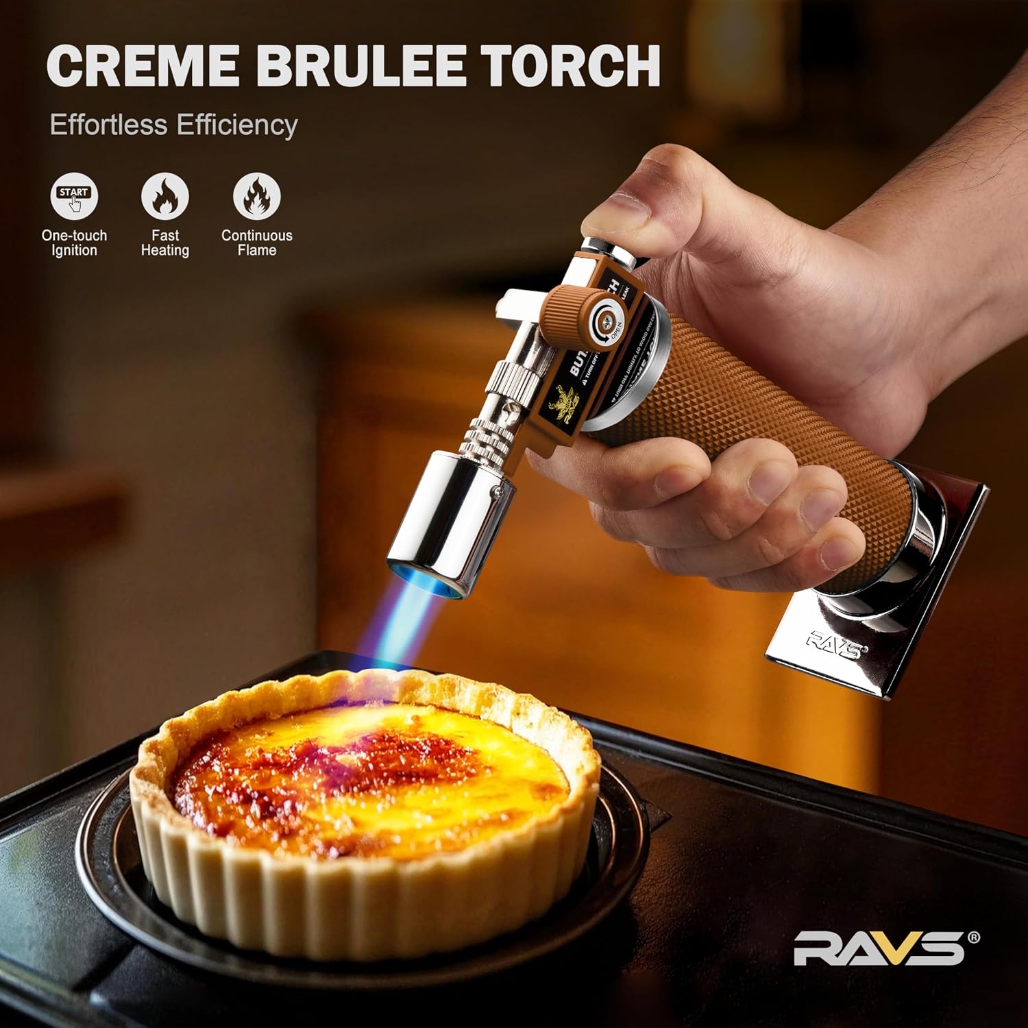 RAVS Butane Torch Lighter, Premium Metal Kitchen Torch with Adjustable Flame & Safety Buckle, Refillable Creme Brulee Torch for Baking, BBQ, DIY