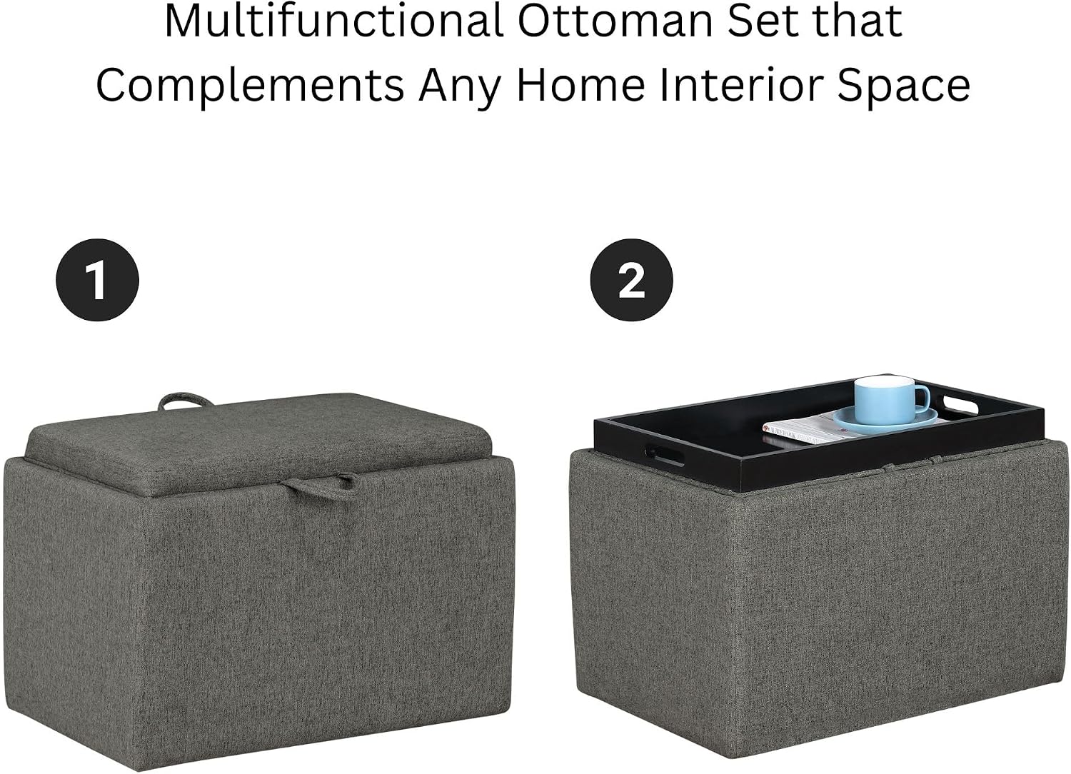 Convenience Concepts Designs4Comfort Accent Storage Ottoman 22.75" - Modern Foot Stool with Decorative Tray for Living Room, Dining Room, Office, Blue Faux Leather