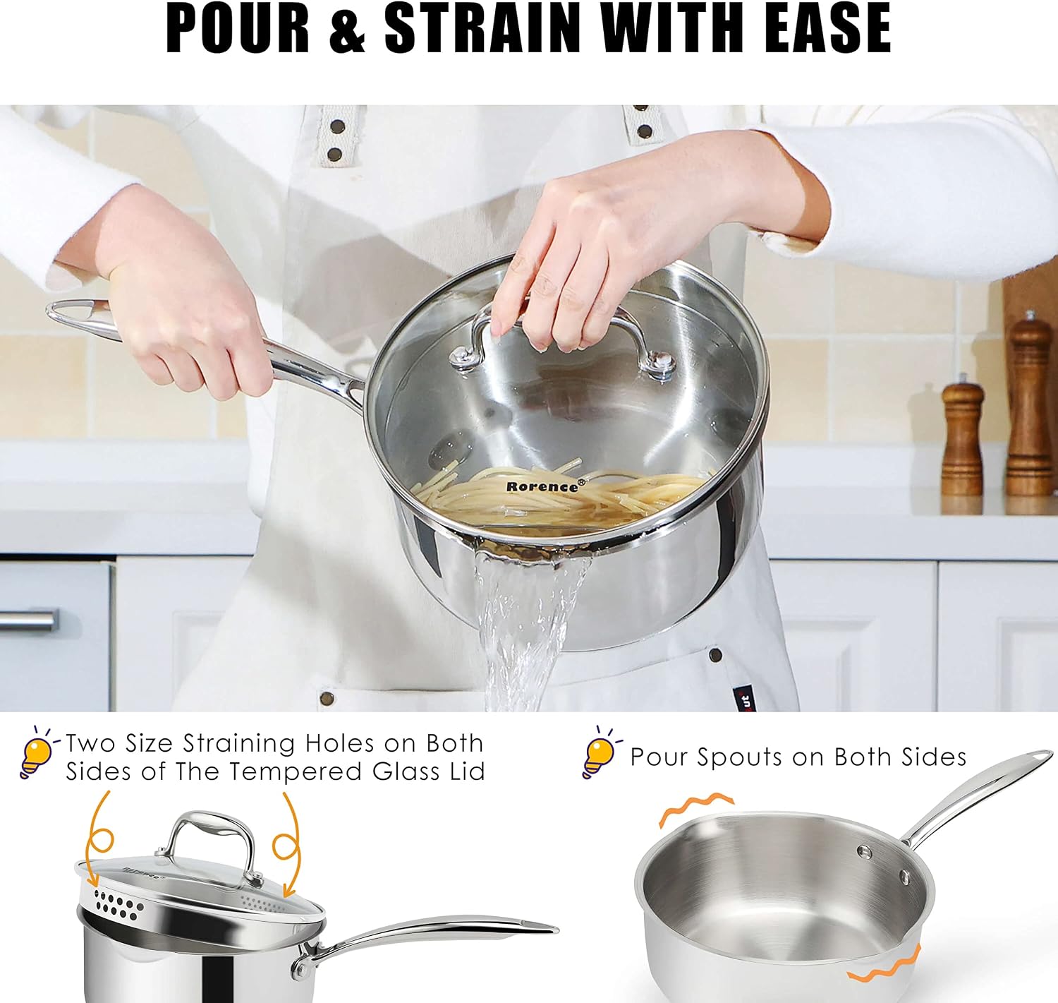 Rorence 3.7 Quart Stainless Steel Induction Sauce Pan with Lid | Stainless Steel Pot Saucepan with Pour Spout & Glass Lid with Strainer