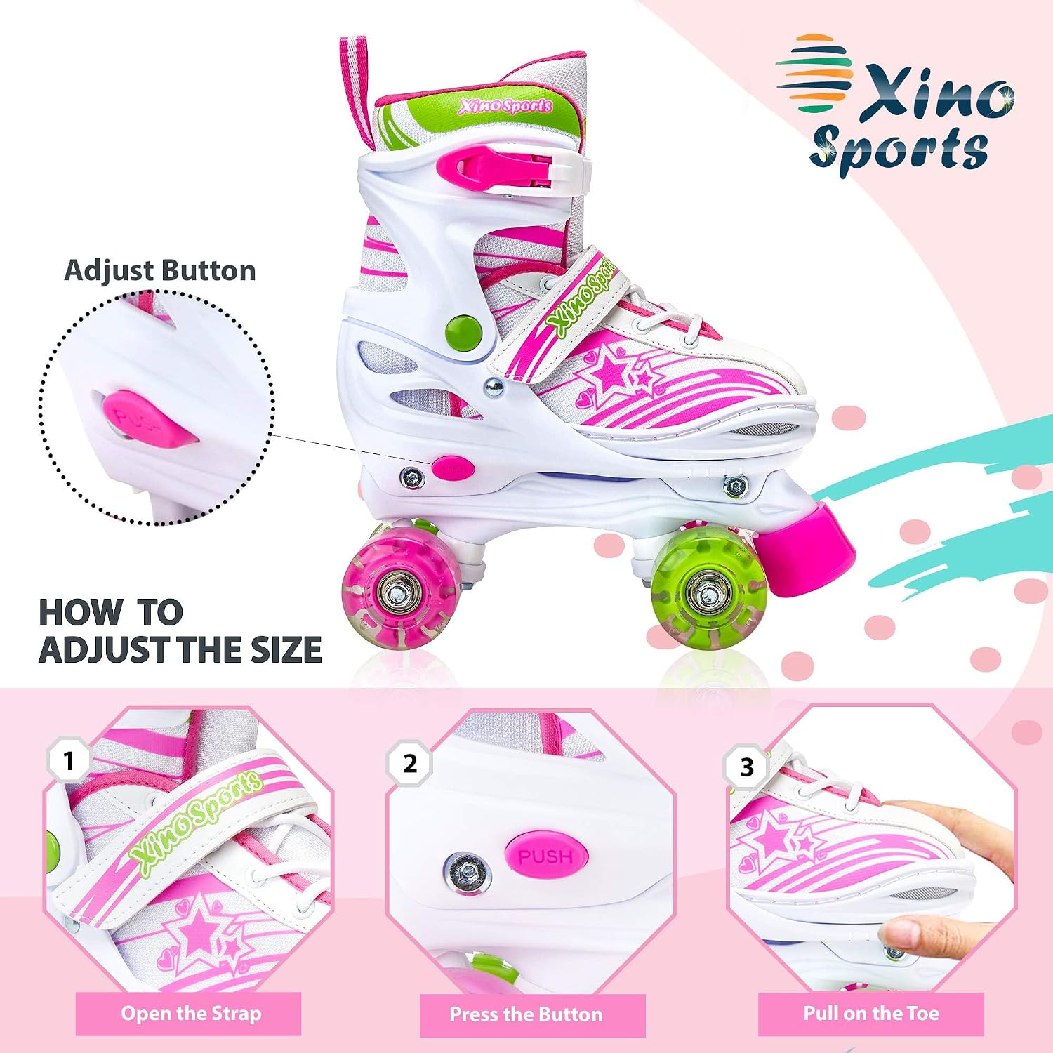 XinoSports Kids Adjustable Roller Skates for Girls & Boys with Light Up Wheels (Ages 5-20) – Roller Skates with Illuminating Wheels