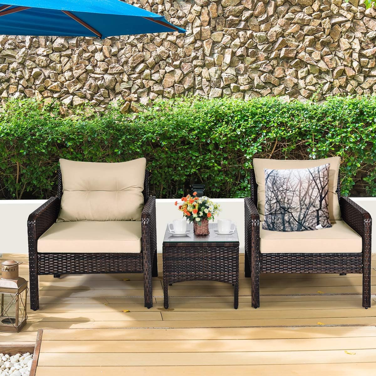 Tangkula 3 Piece Outdoor Patio Furniture Set, Wicker Chairs Set with Glass Top Coffee Table, Thick Cushions