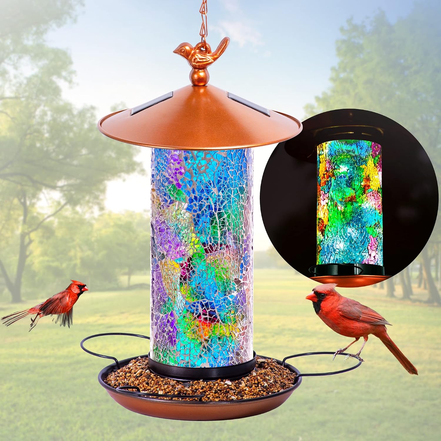 XDW-GIFTS Mosaic Solar Wild Bird Feeder, Waterproof Lantern Shape with S-Hook & 4 LED Lights, Garden Decor for Lawn, Patio, Balcony, Yard Ornament - Unique Gifts for Mom, Women, Grandma, Bird Lovers