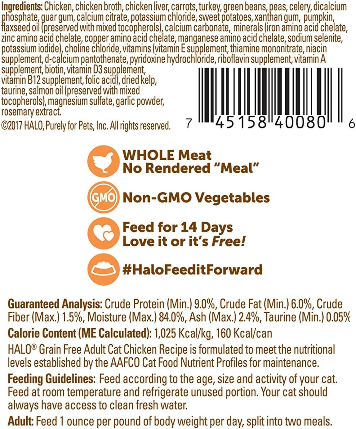 Halo Grain Free Soft Pate, Adult Cat Wet Food, Chicken in Broth Recipe, 5.5 oz, Case of 12