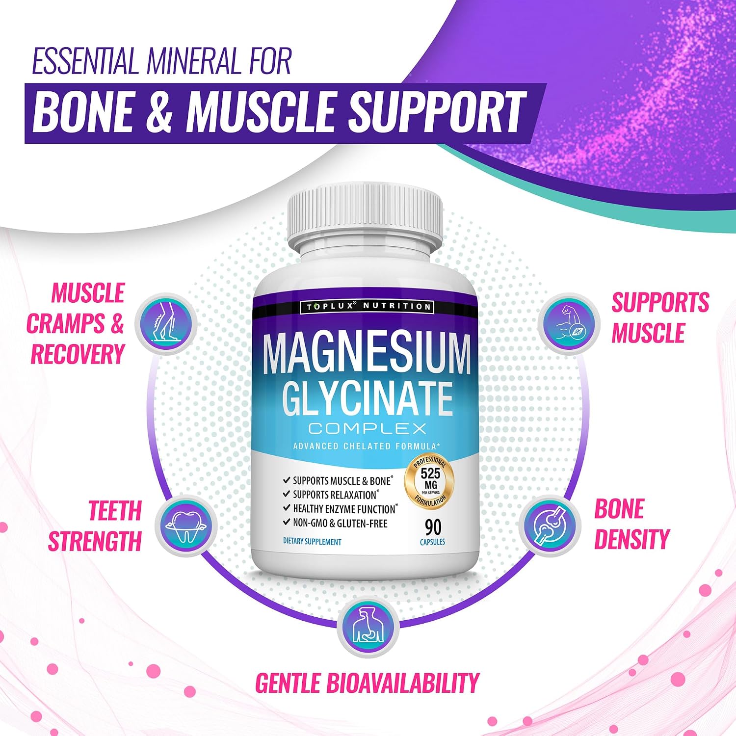 Magnesium Glycinate 525mg - High Absorption Chelated Magnesium Supplement Made with Pure Magnesium Glycinate - Supports Muscles, Sleep, Cramps