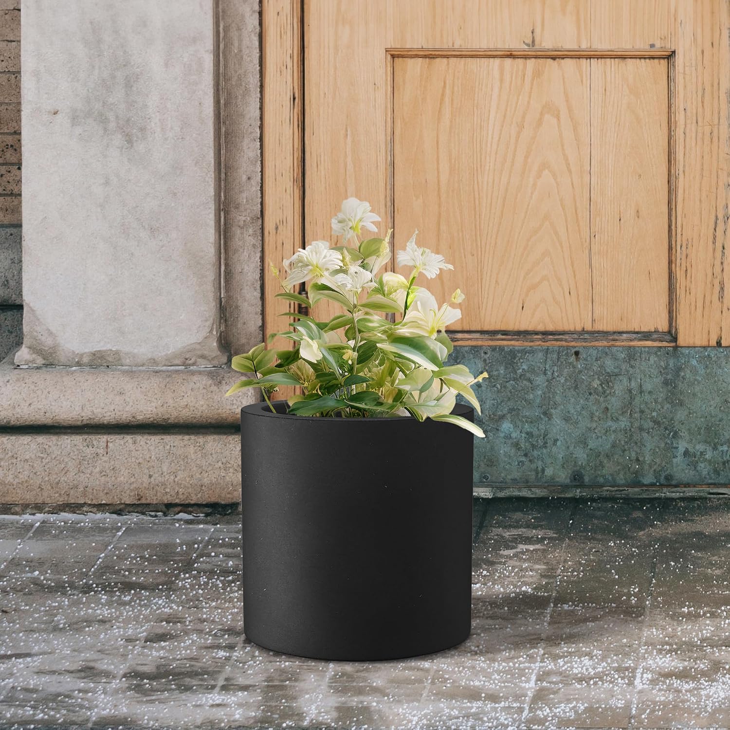 Kante Large Round Cylinder Charcoal Concrete Planter 15.8" Tall, Outdoor