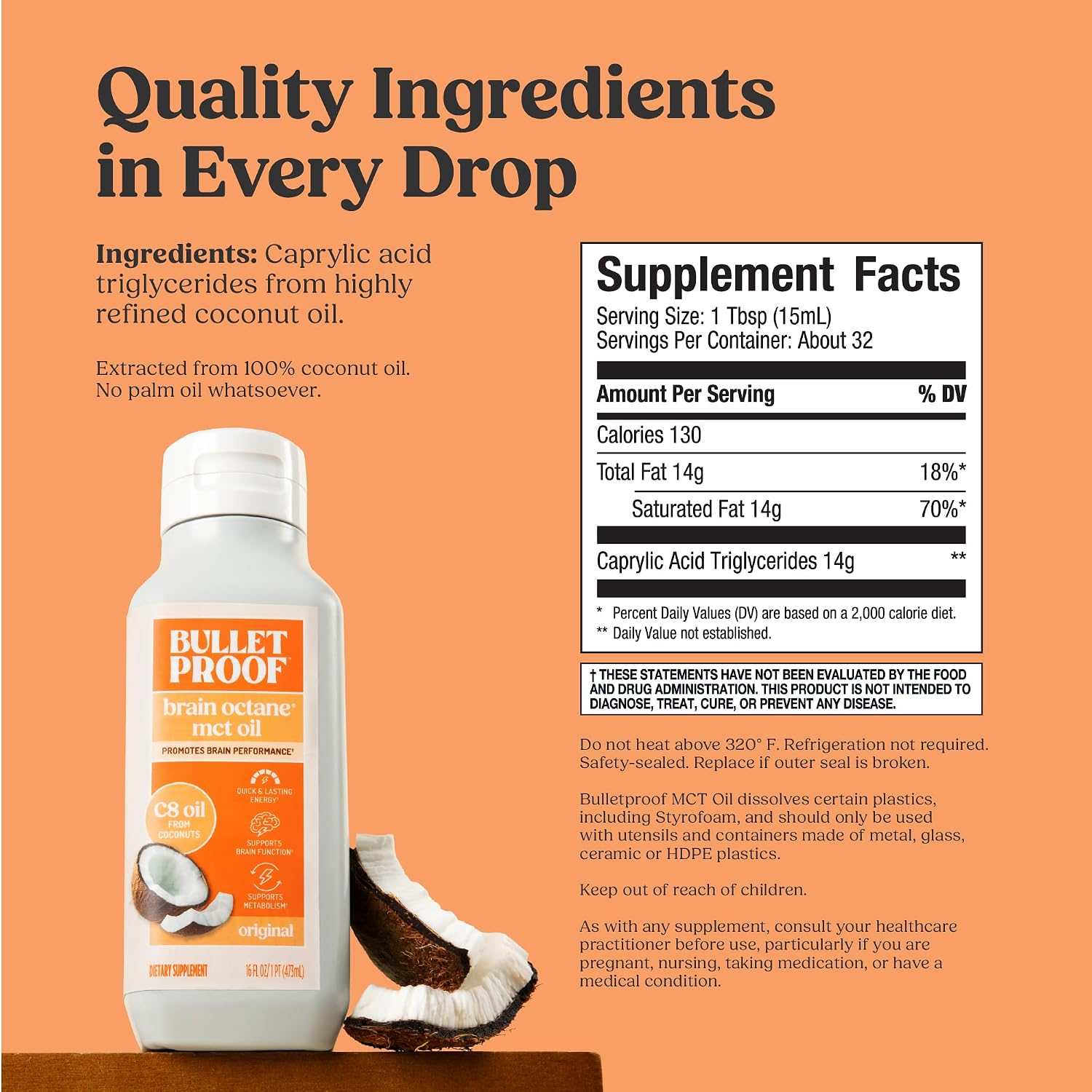 Bulletproof Brain Octane C8 MCT Oil, Non-GMO, 16 oz – 100% C8 from Coconut | 100% Pure Coconut Oil, Triple-Distilled Keto Energy Supplement for Coffee & Smoothies, Unflavored, No Additives, Non-GMO