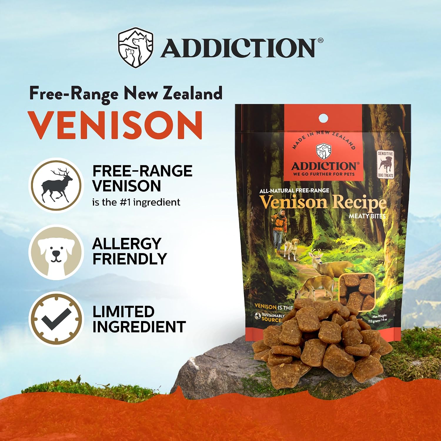 Addiction Venison Recipe Meaty Bites, All Natural Free Range Grain Free High Meat Dog Treats, 4 Oz.