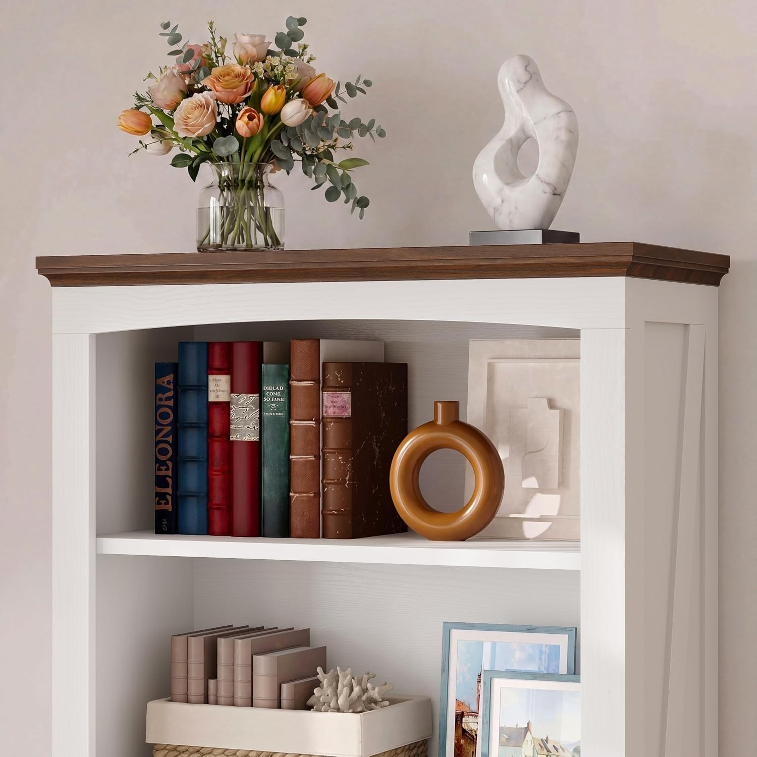 IRONCK 5 Tier Farmhouse Bookshelf 70.9" White Bookcase with Brown Wood Top | brown top & brace side panels, anti-tip stable design, bookcase, bedroom