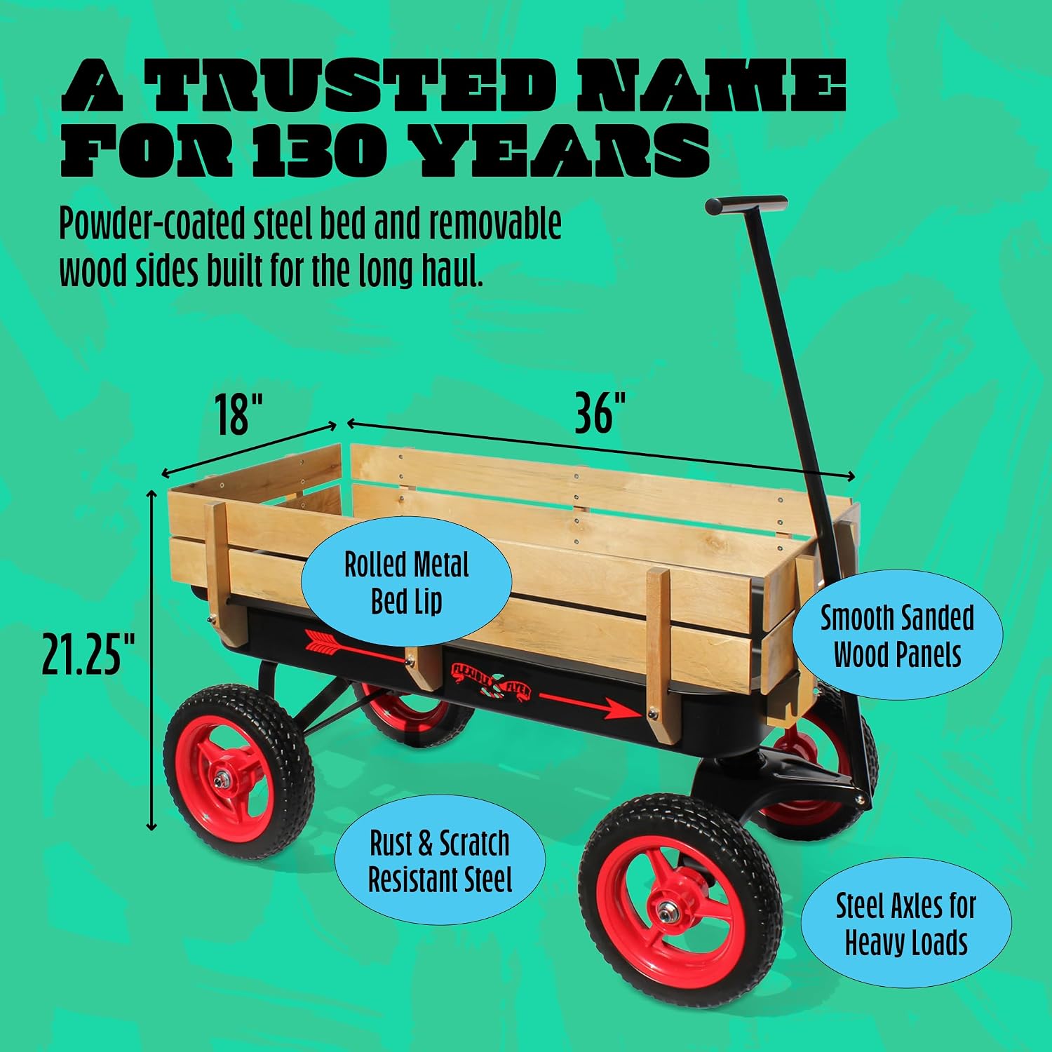 Flexible Flyer All-Terrain Wagon for Kids with Steel Bed & Wood Sides, Extra-Long Pull Handle for Adults, Heavy Duty Toy, Garden & Beach Baby Wagon