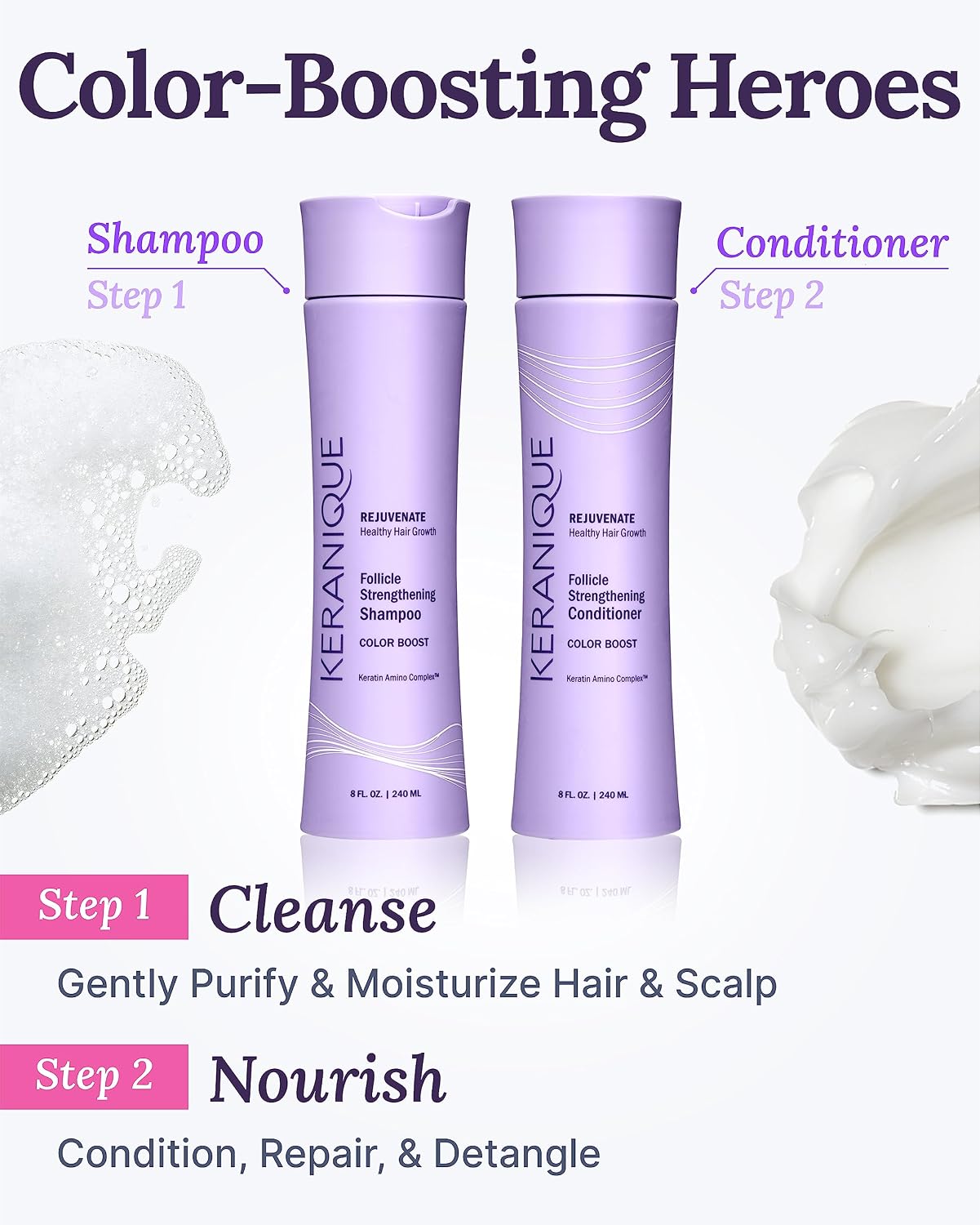 Keranique Volumizing Shampoo & Conditioner Set for Hair Repair, Growth & Thinning Hair Support – Keratin, Biotin, Menthol & Niacinamide, Lightweight Strengthening Formula - Keratin Amino Complex™