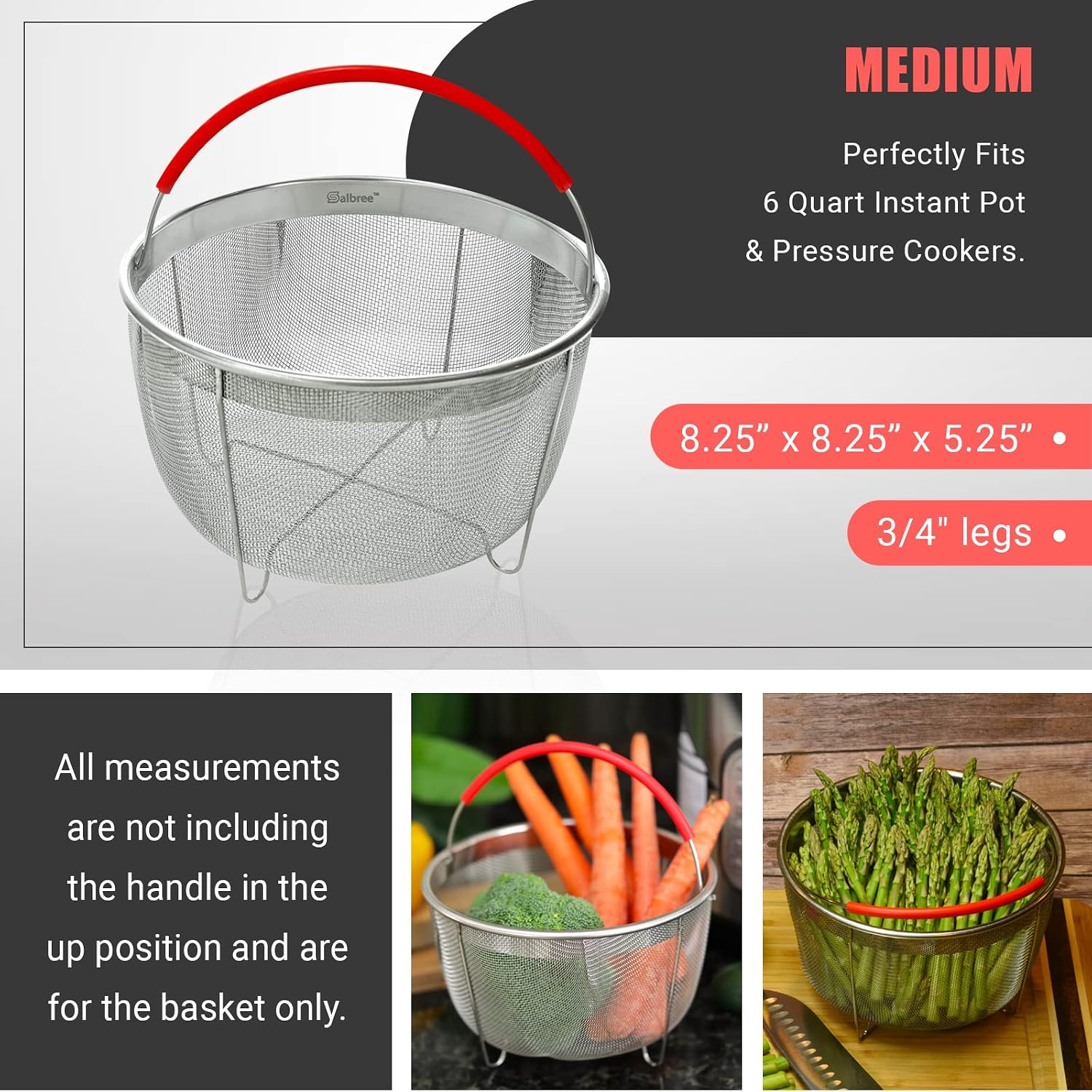 Salbree Steamer Basket for 6qt Instant Pot and Many Other Pressure Cookers | Stainless steel strainer insert with silicone handle fits the 6qt Instant Pot and most air fryers. Comes in 3 different sizes