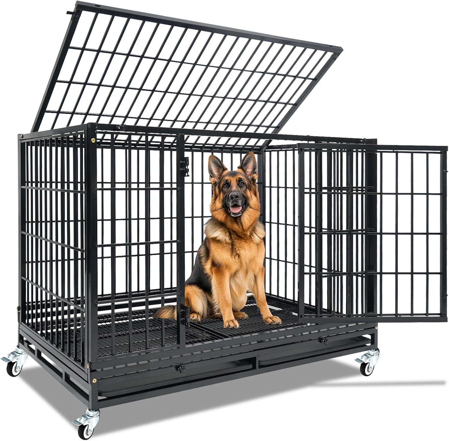 Homey Pet Taller 43" Heavy Duty Double Dog Crates with Divider & Dual Door | Drop Cage for Dogs with Lockable Wheels, Bowls, Removable Tray, Top Access, Ideal for Small to Medium & Large Dogs, Breeders