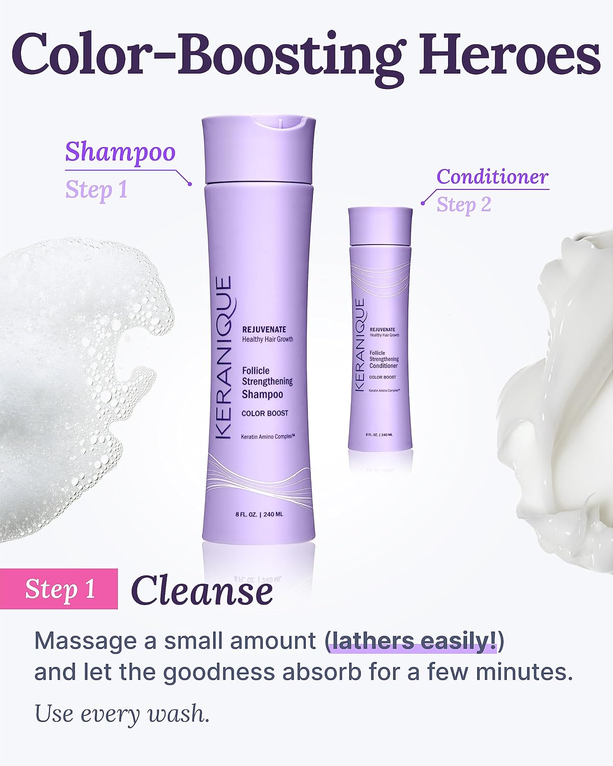Keranique Keratin Amino Complex Color Boost Scalp Revitalizing Shampoo for Treated Hair, 8 oz - Sulfate, Paraben, Dye Free, Protects Cuticle