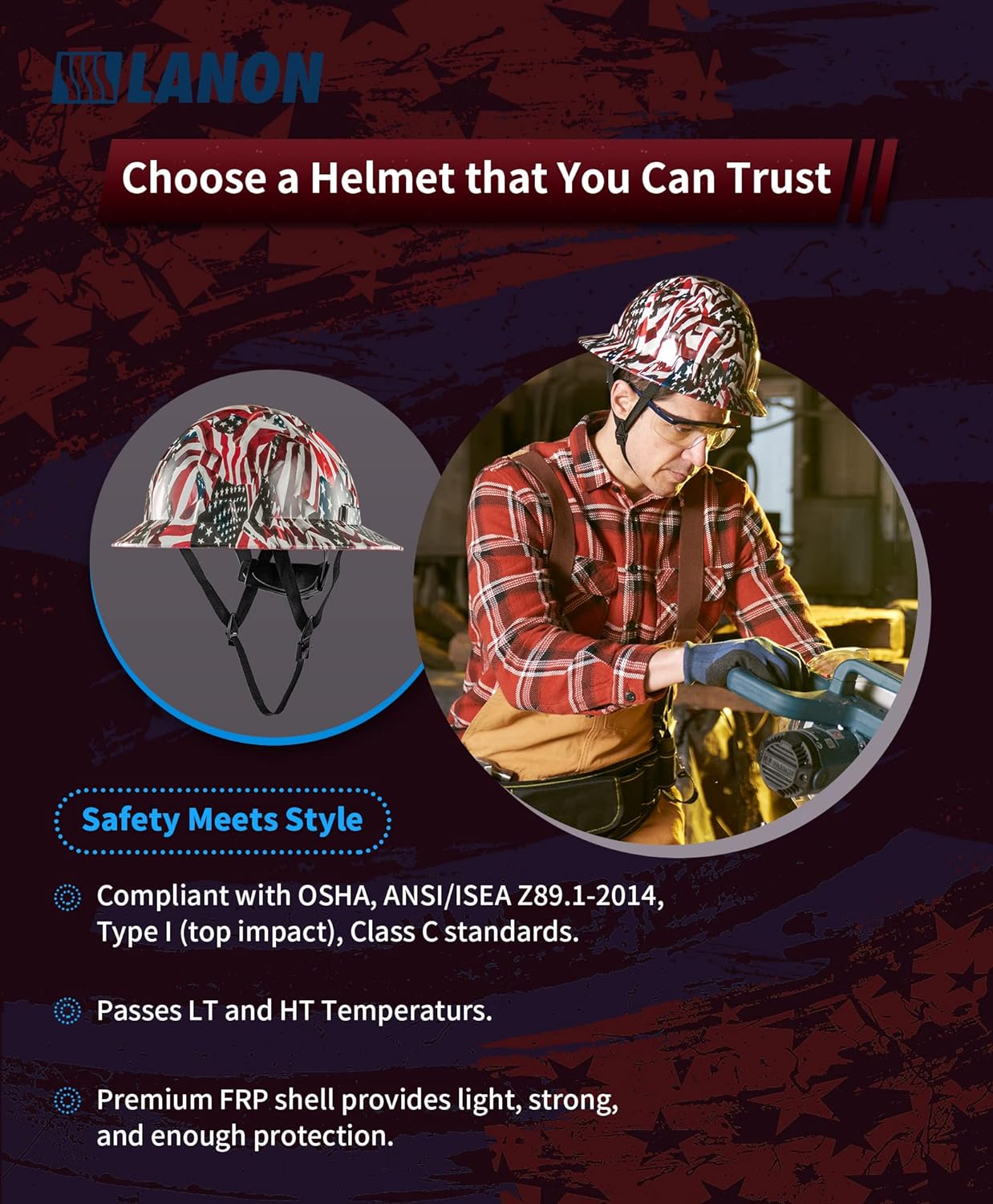 LANON Full Brim FRP Hard Hat, Class C, Premium Charcoal Gray Design