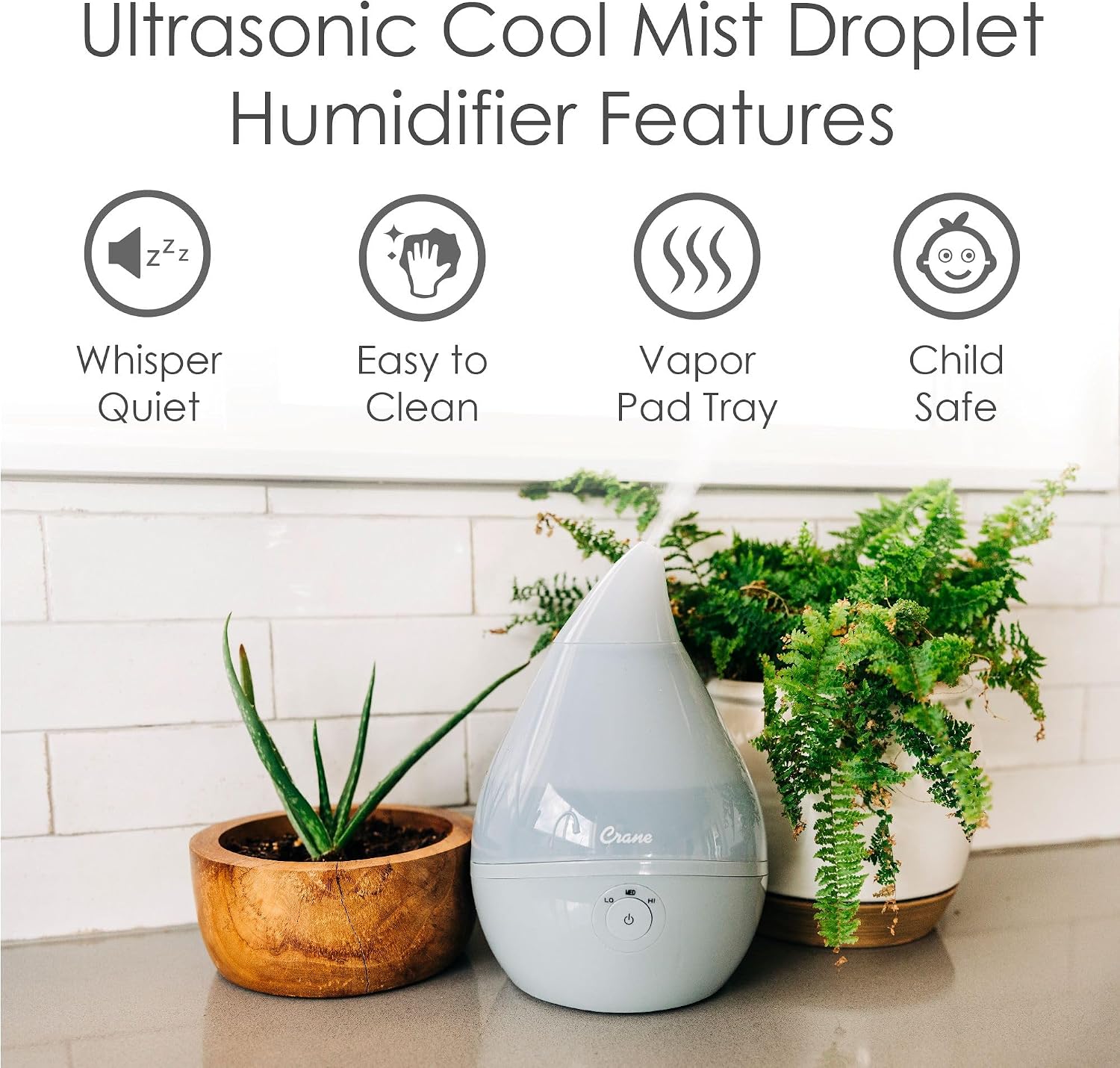 Crane Droplet Ultrasonic Small Air Humidifiers for Bedroom and Office, 0.5 Gallon Cool Mist Humidifier for Plants and Home, Humidifier Filters Optional, Blue and White