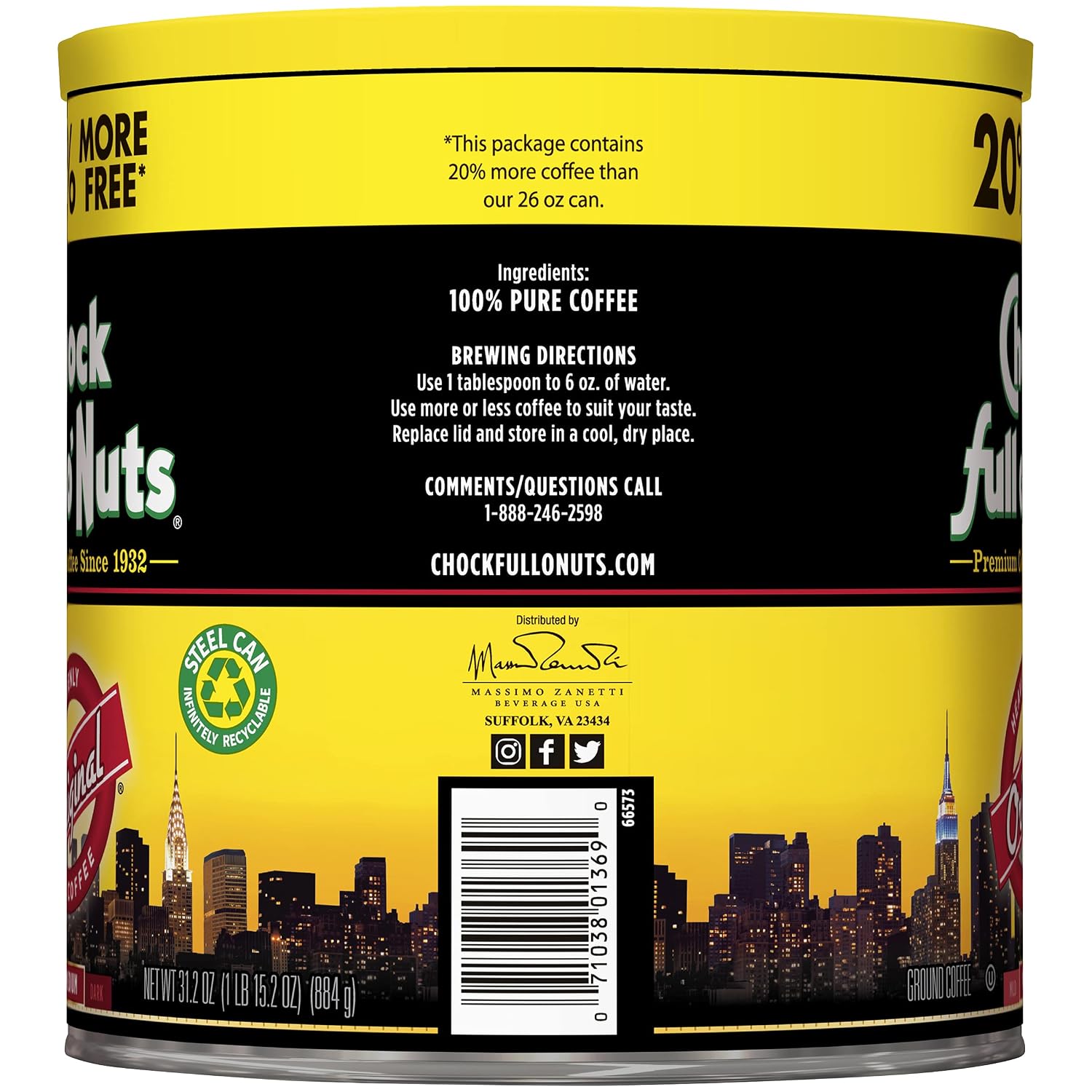 Chock Full o' Nuts French Roast Ground Coffee – Premium Beans in Recyclable Steel Can – Rich Flavor & Aroma, Dark Roast – Perfect for Drip, Pour-Over, Percolator – 26 Oz Can