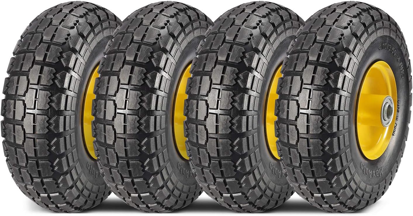 MaxAuto 4.10 3.50-4 Flat Free Tire, 2.25" Offset Hub, 5/8" Bearings, 4 pack