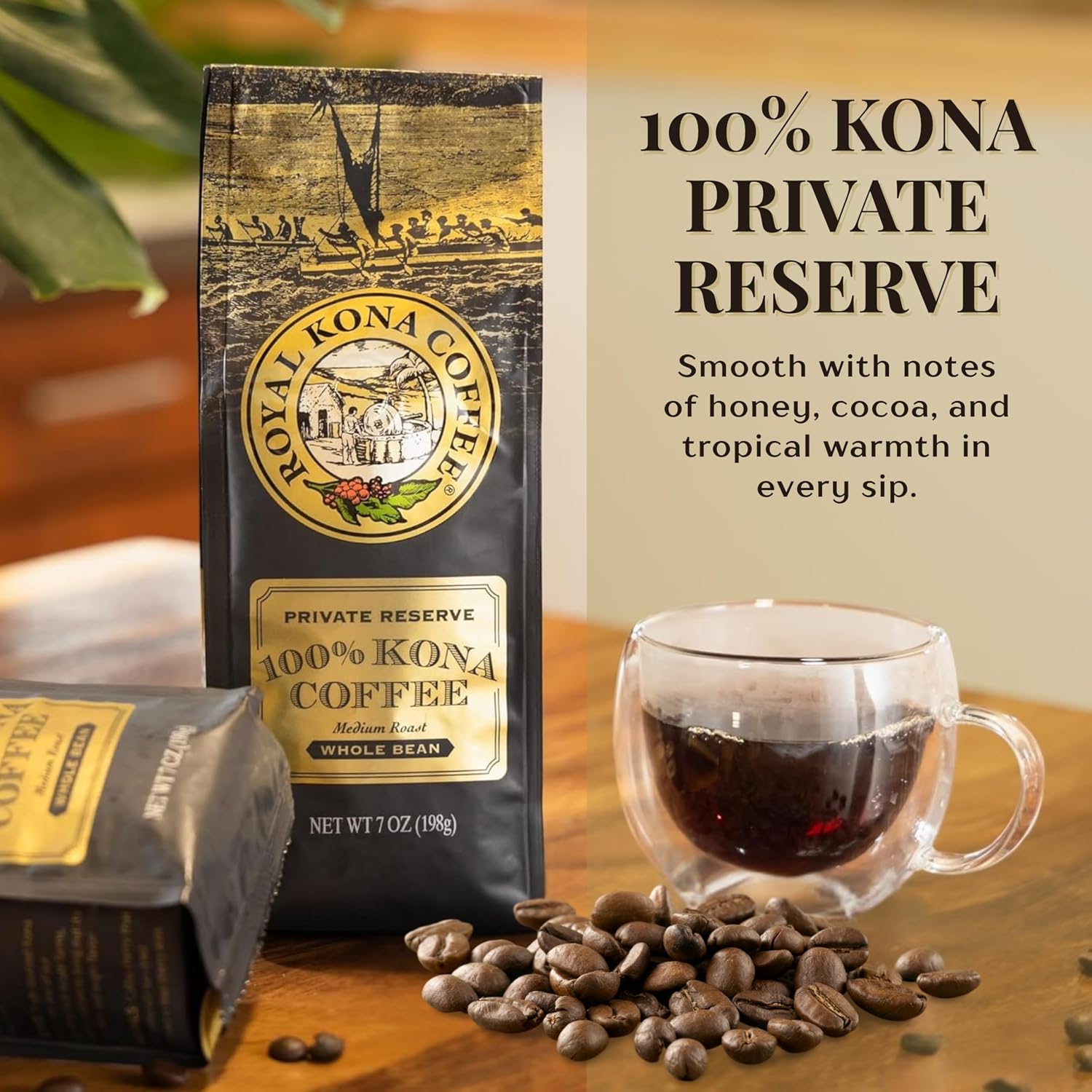 ROYAL KONA COFFEE Whole Bean - 100% Hawaiian Kona Coffee, Private Reserve, Medium Roast, (Pack of 2)