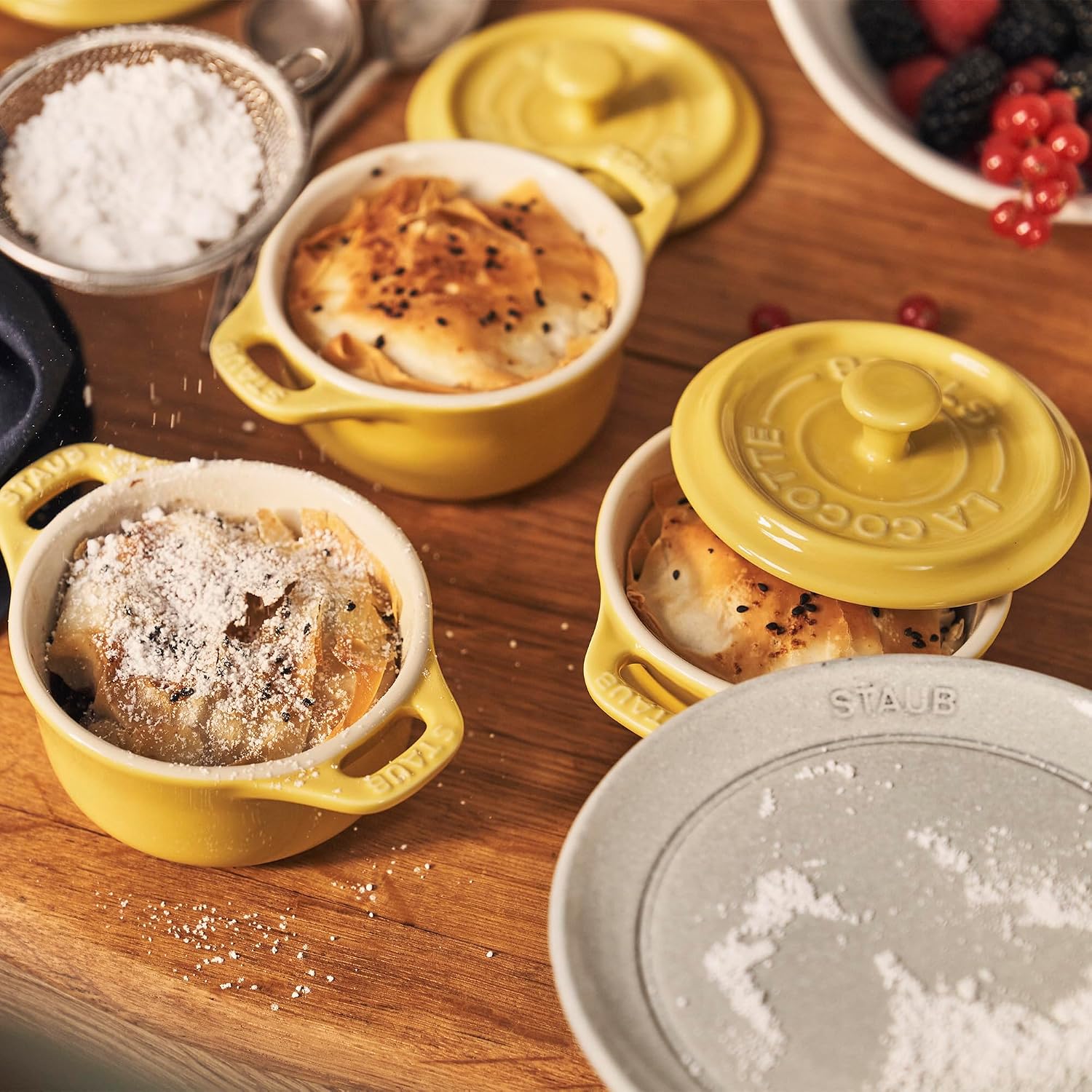 STAUB Ceramic Dutch Oven 3-piece Mini Round Cocotte, Dark Blue