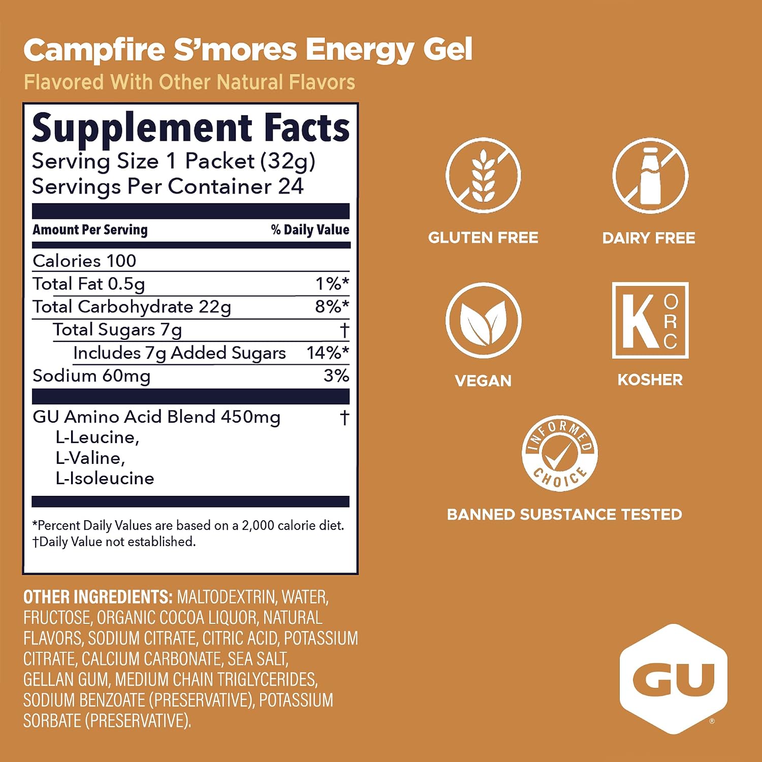 GU Energy Original Sports Nutrition Energy Gel, Vegan and Dairy-Free On-the-Go Energy for Any Workout, Vanilla Bean, 8-Count