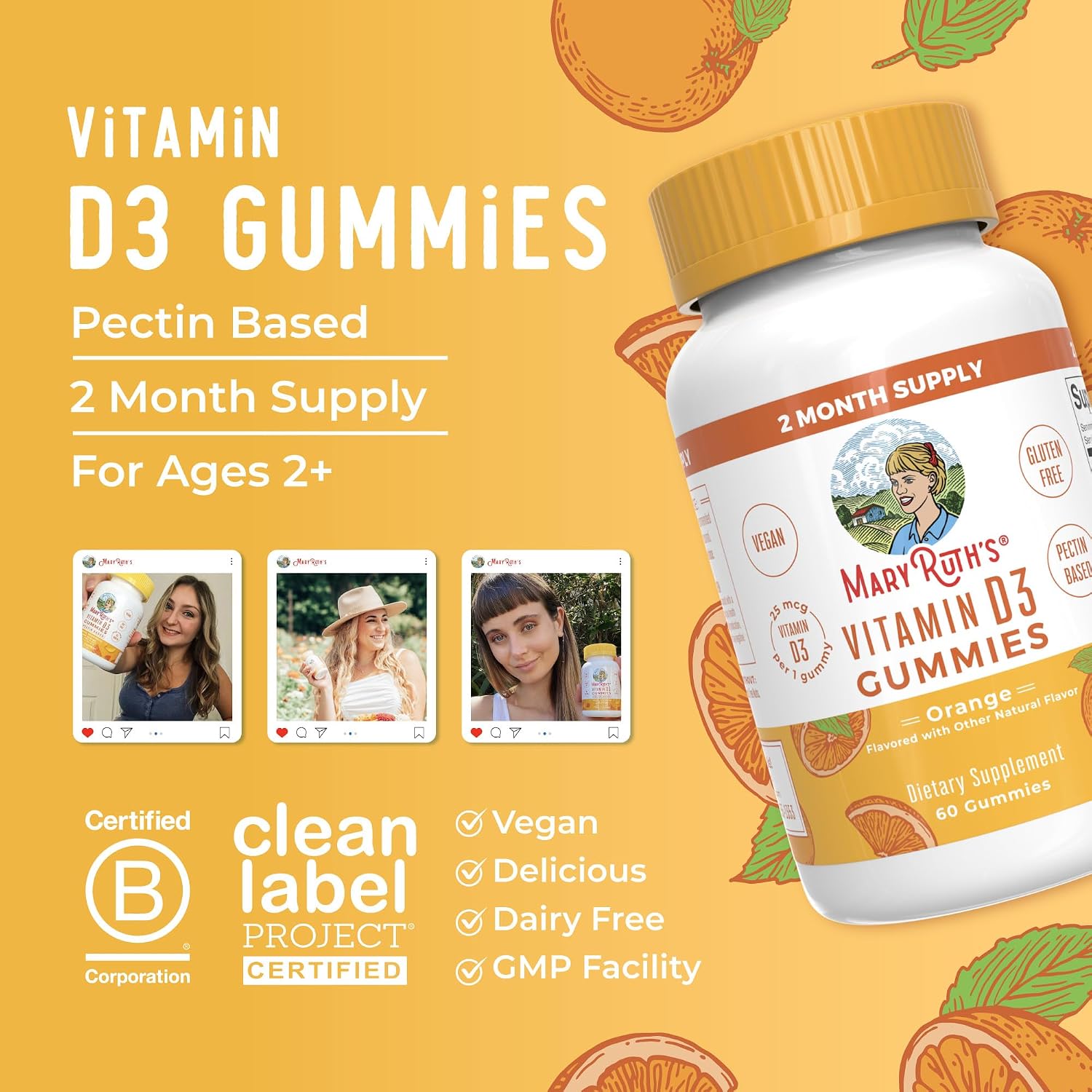 MARYRUTH'S Vitamin D3 Gummies, Adults & Kids Vitamin D, 60 Servings, Vegan | 2 Month Supply, Immune Support Supplement, 1000IU for Bone Health & Muscle Function, Vegan, Non-GMO, Gluten Free, 60 Count