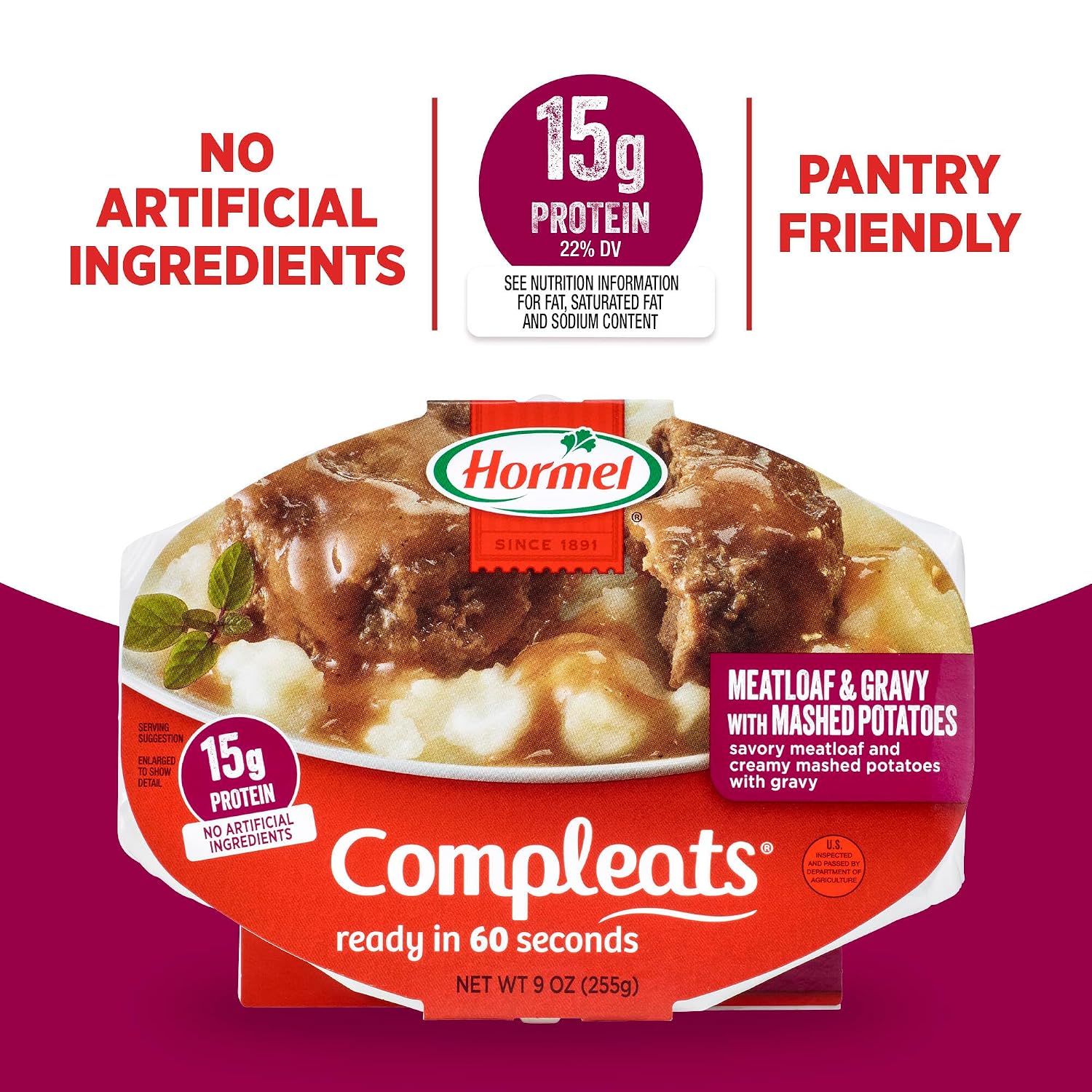 HORMEL COMPLEATS Meatloaf & Gravy With Mashed Potatoes, 9 oz. (6 Pack) | Heat and Eat, Microwave Meals, Prepared Foods