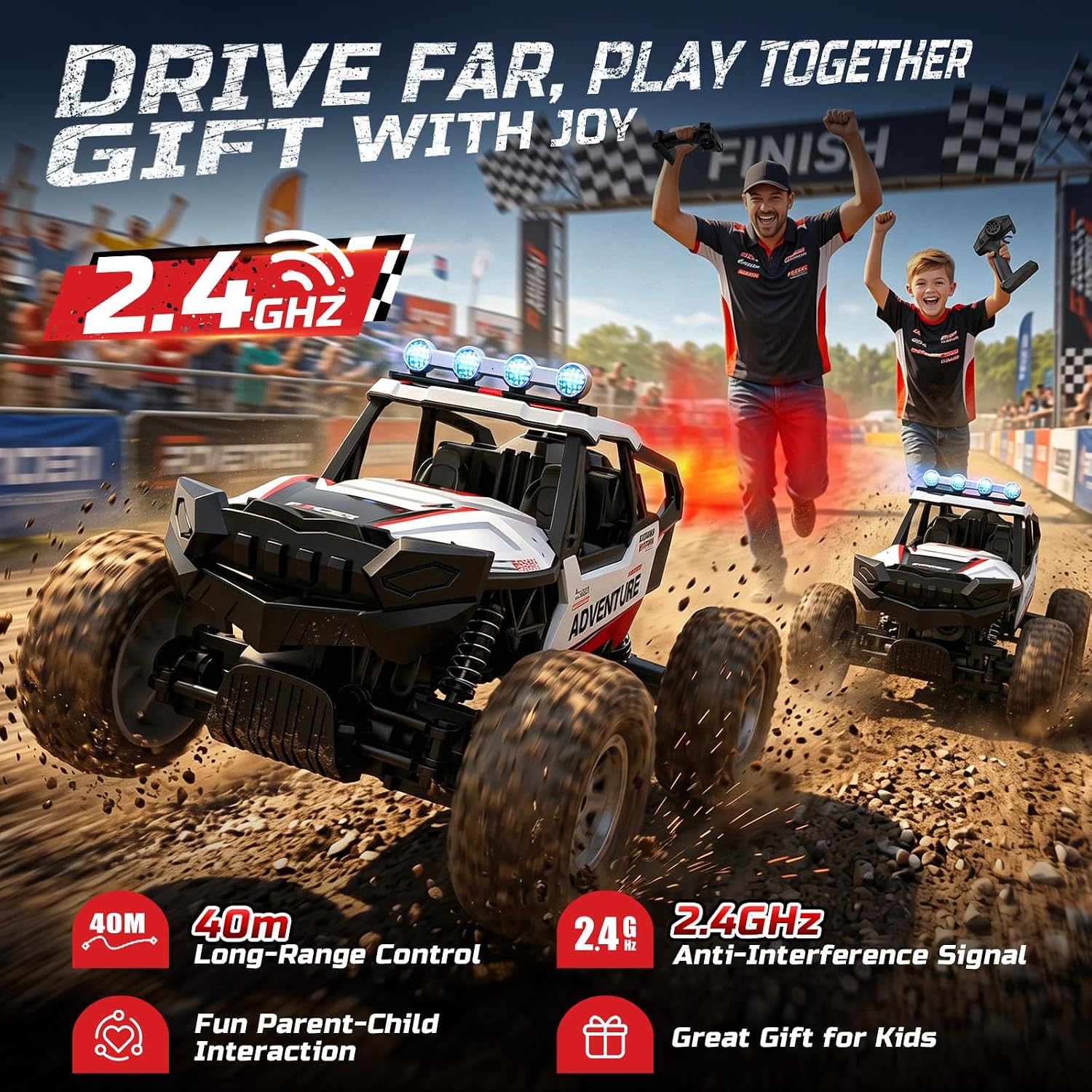 DEERC DE125 1:14 RC Car for Kids,4WD Remote Control Off-Road Monster Truck | RC Rock Crawler with Mist Spray,Metal Shell, LED Lights, 2.4GHz All-Terrain Car, 2 Batteries, Gifts for Beginners and boys