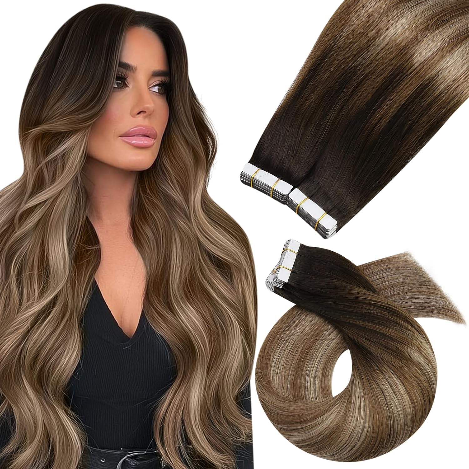 Moresoo Black Tape in Hair Extensions Human Hair, 18 Inch, 20Pcs, 50g