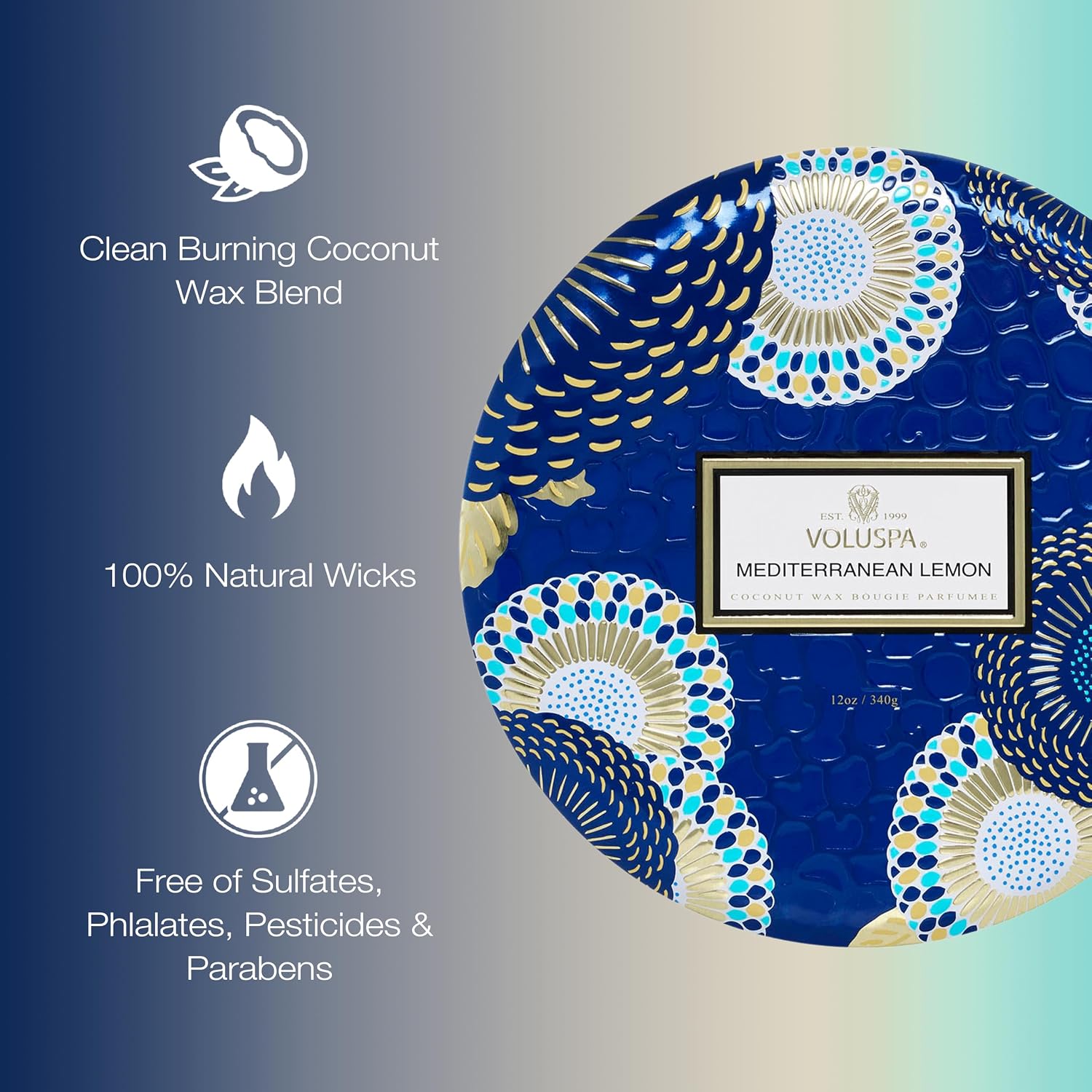 Voluspa Santal Vanille, 3 Wick Tin Candle, 12 oz, 40 Hour Burn Time, Coconut Wax for Clean Burning, Handcrafted in the USA