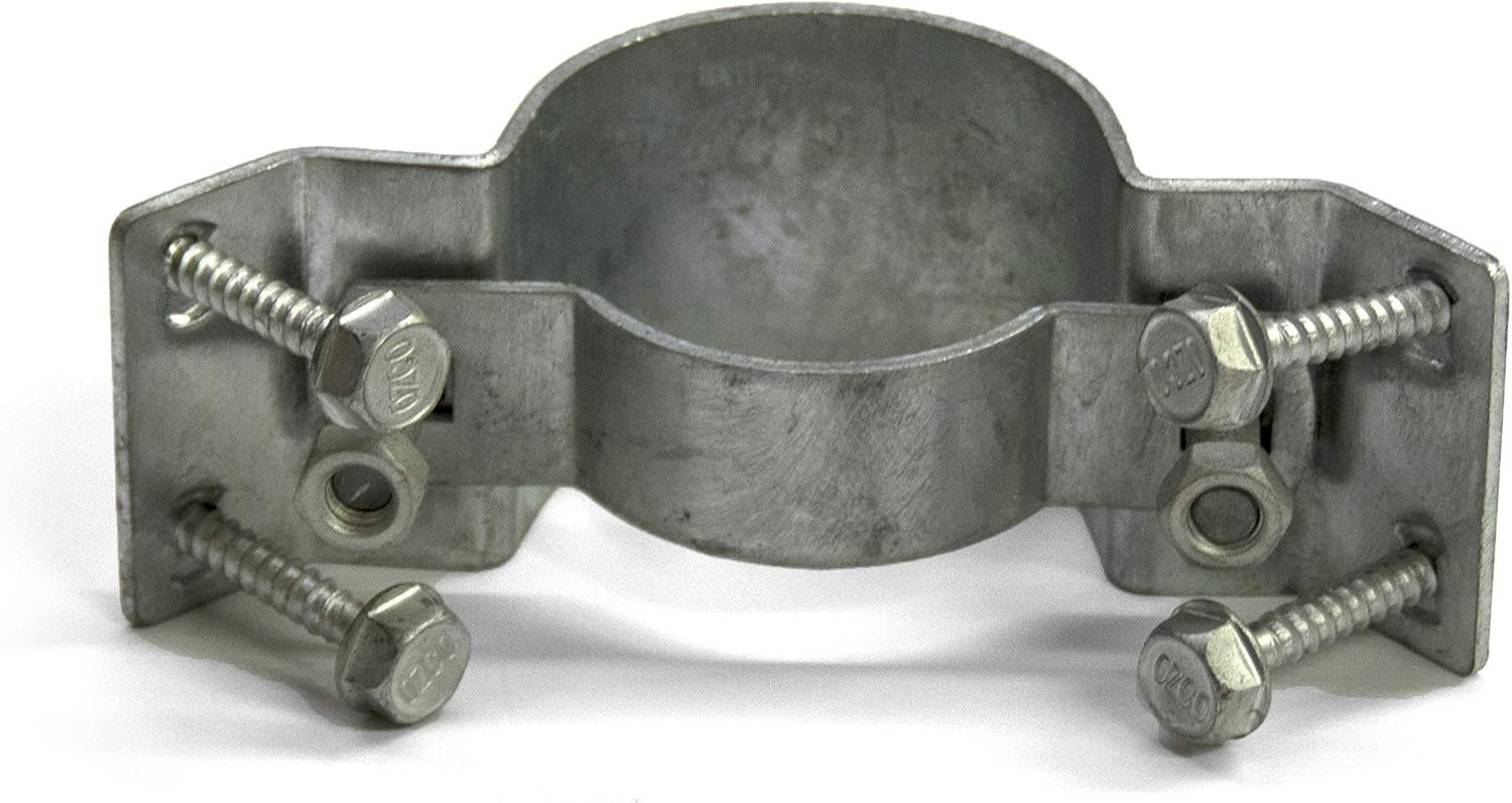 OZCO Fence Bracket, 2-3/8in, 1 Pack, Silver | Zinc finish, full wrap 90 degree design for 2-3/8in steel posts and 2in x 4in wood rails