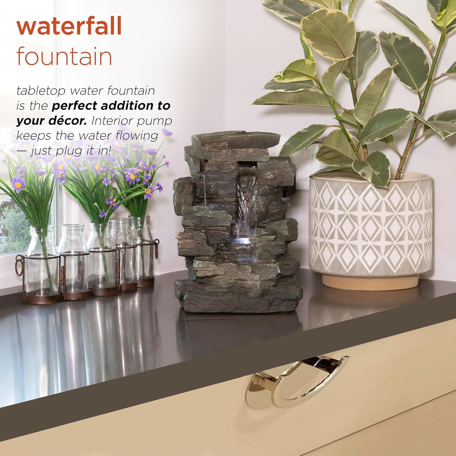 Alpine Corporation 13" Tall Indoor Tabletop Water Fountain, 4 Tier Cascading Water Feature with LED Lights for Home, Office, Living Room, or Zen Decor, Gray