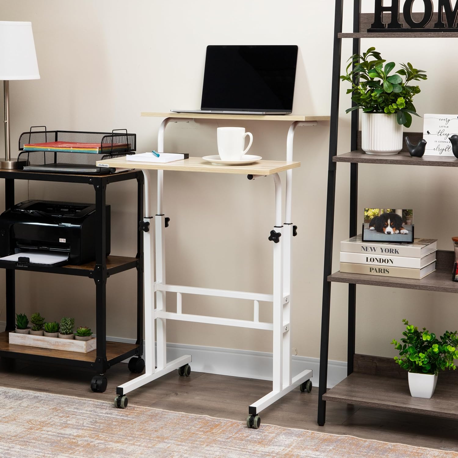 Mind Reader Standing Desk, Adjustable Height Laptop Workstation, Portable Rolling Desk on Wheels, Two-Tier Metal Frame, Black