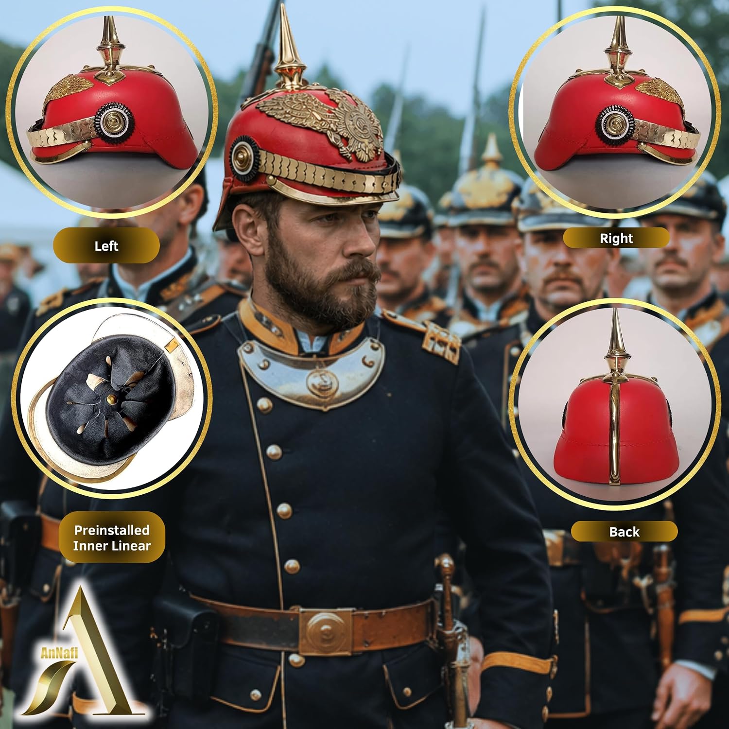 AnNafi Red German Pickelhaube Helmet, Leather Pickelhauben Imperial Prussian Helmet, Brass Military Officer Spiked Men’s Costume
