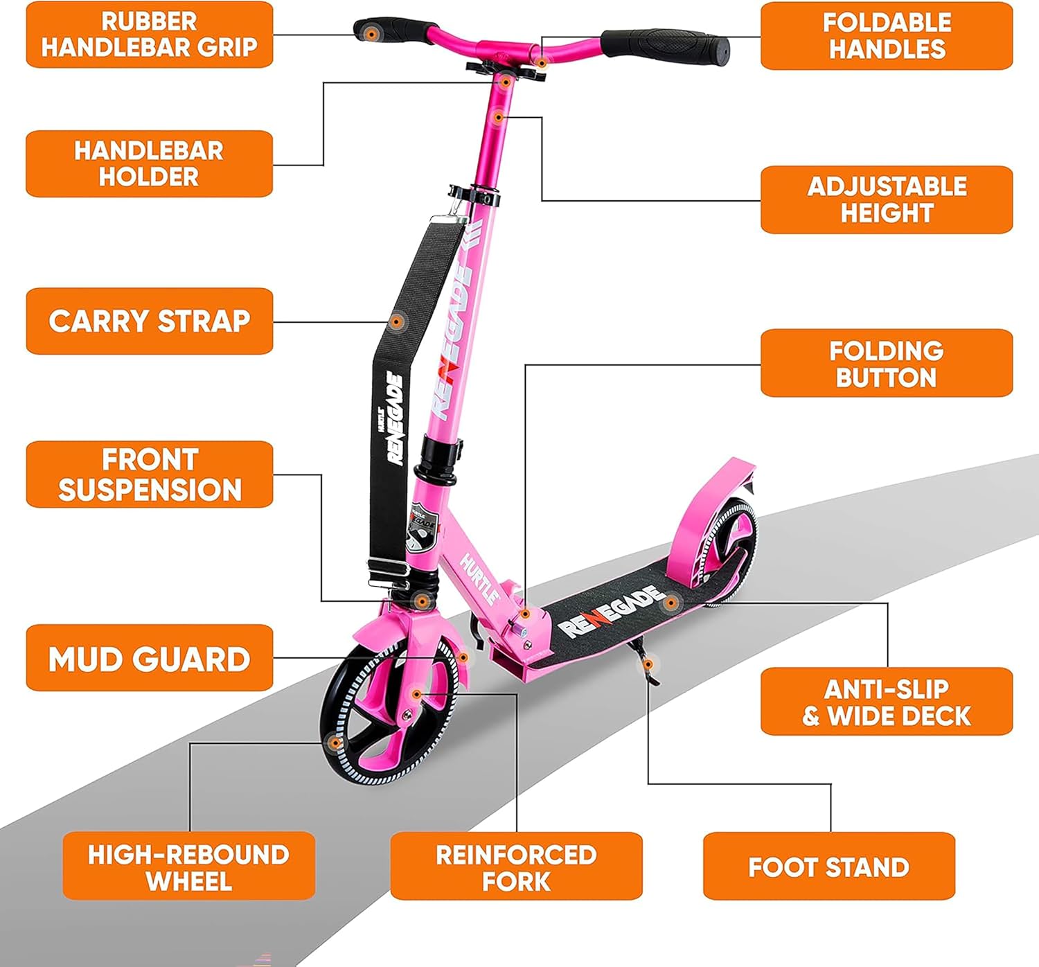 Hurtle Renegade Kick Scooter for Kids, Teenagers & Adults - 2-Wheel Folding Scooter with Adjustable T-Bar Handlebar - Alloy Anti-Slip Deck