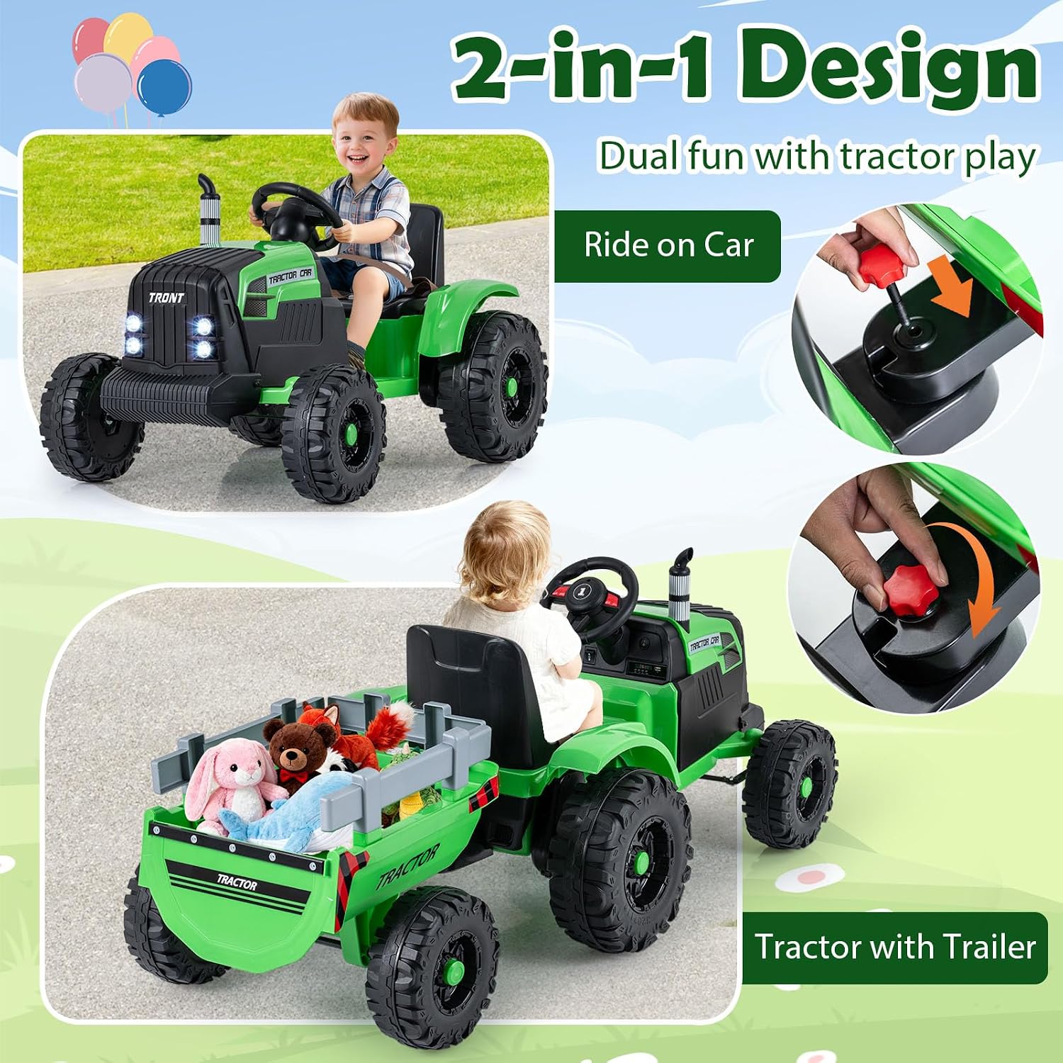Costzon Ride on Tractor with Detachable Trailer, Kids' Electric Vehicles w/3-Gear-Shift Ground Loader, Wireless Design & USB, 7 LED Headlights