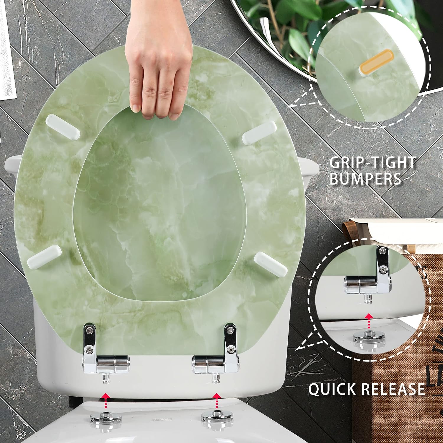 Angel Shield Marble Toilet Seat Durable Molded Wood with Quiet Close,Easy Clean，Quick-Release Hinges (Elongated,Black Marble)